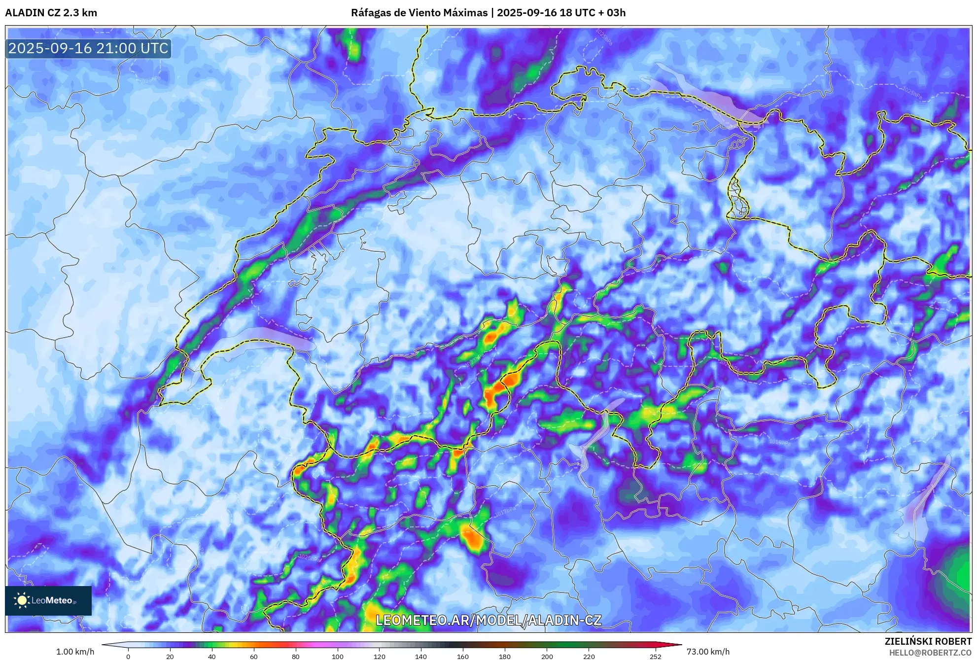 ALADIN CZ 2.3 km model - Suiza, Ráfagas de Viento Máximas ALADIN CZ 2.3 km model - Suiza, Ráfagas de Viento Máximas