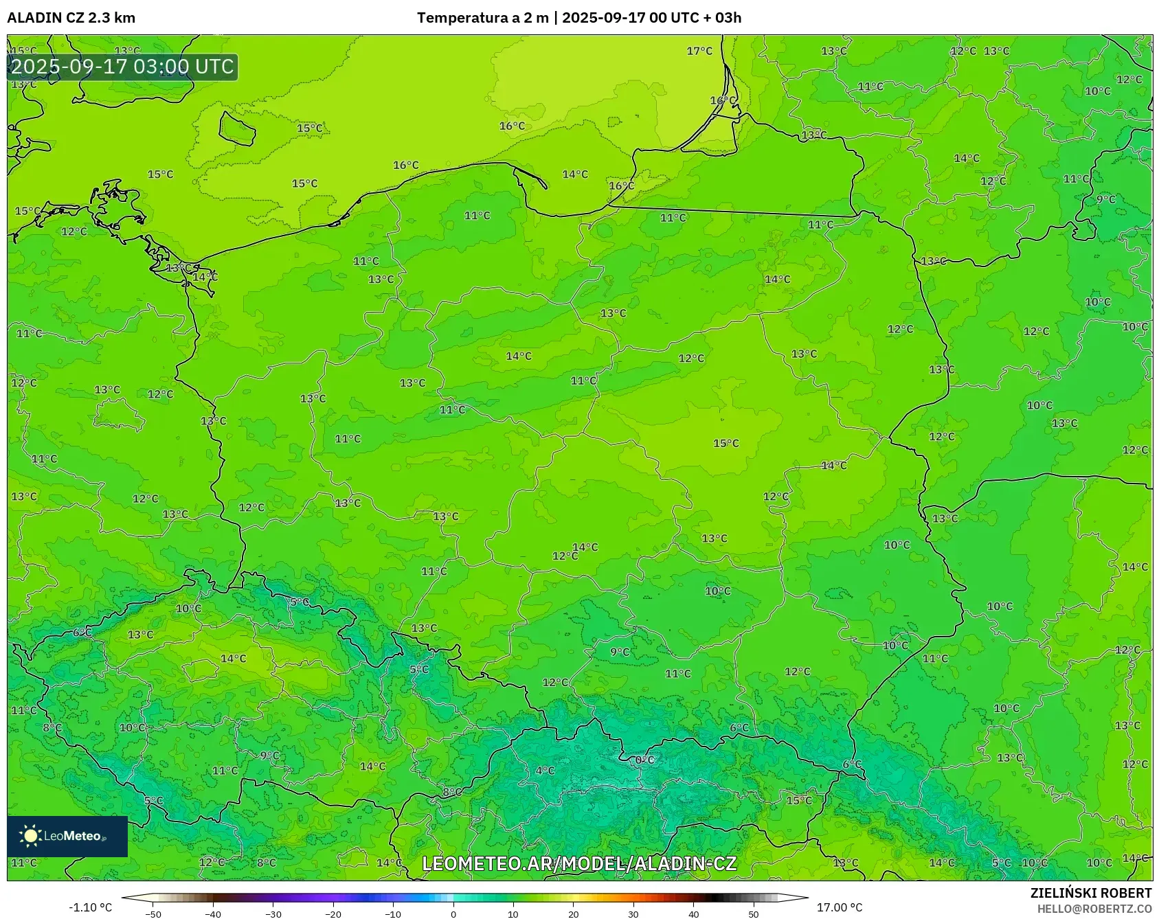 ALADIN CZ 2.3 km model - Polonia, Temperatura a 2 m