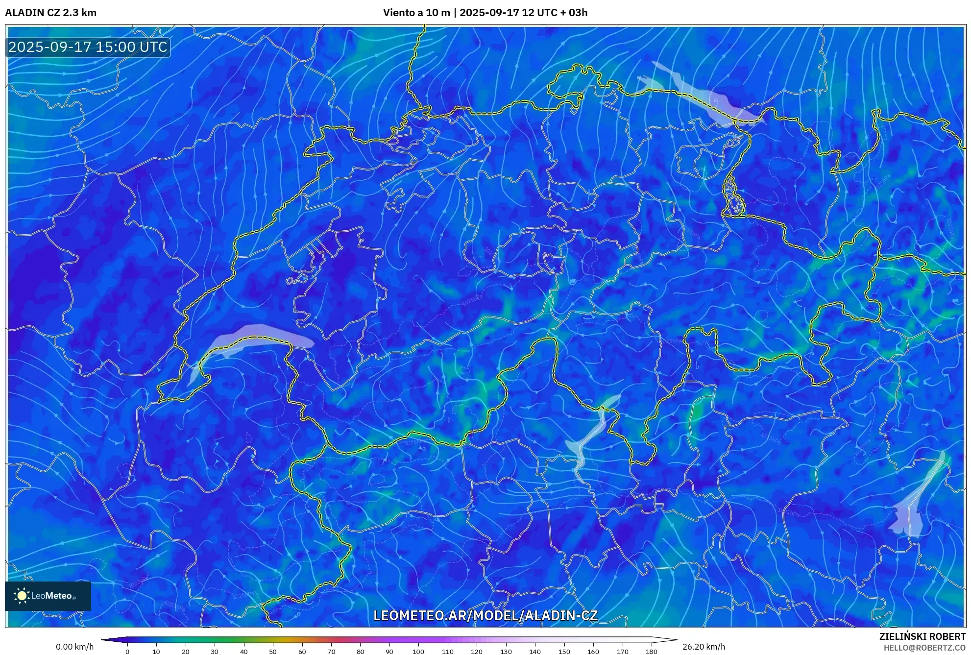 ALADIN CZ 2.3 km model - Suiza, Viento a 10 m