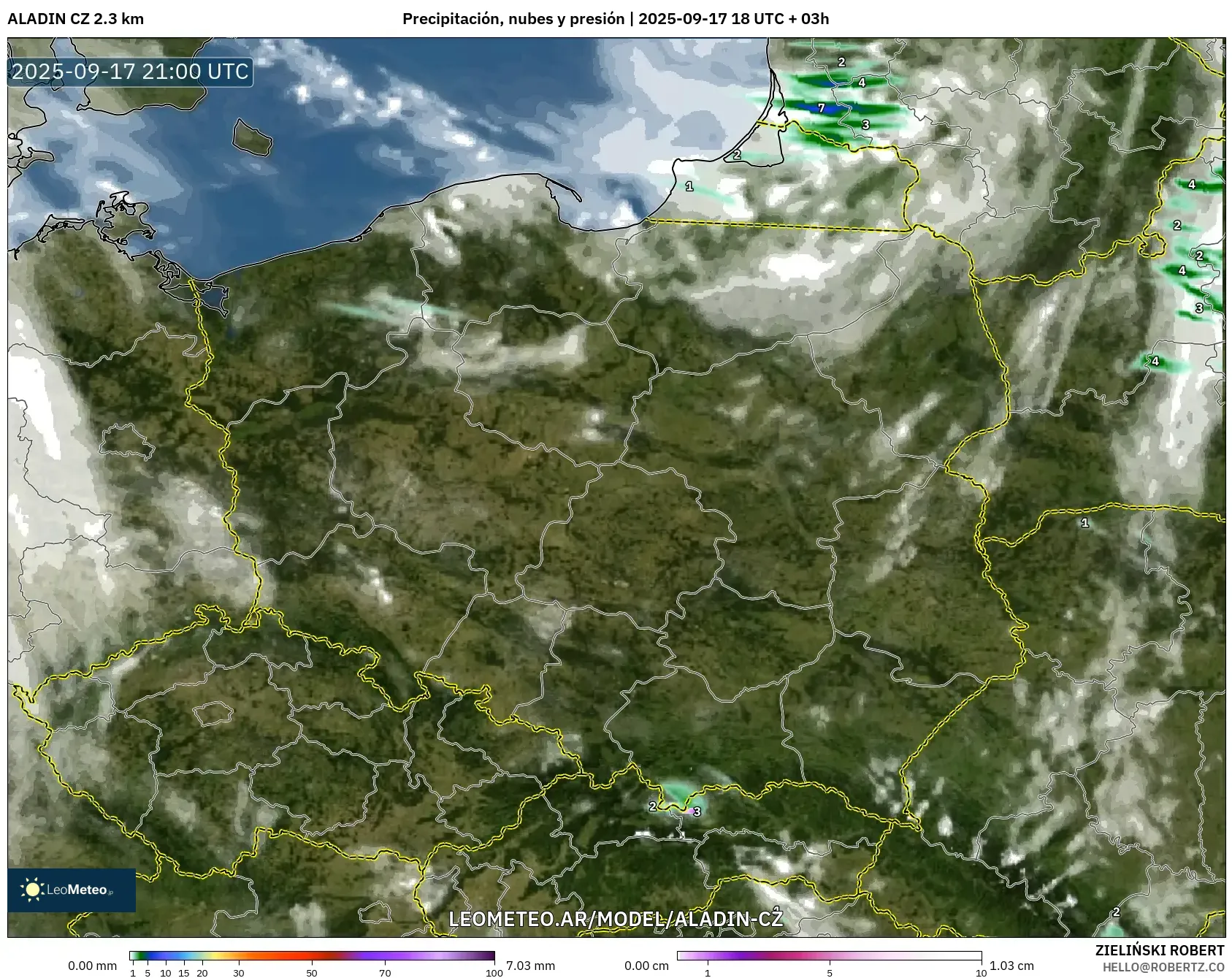 ALADIN CZ 2.3 km model - Polonia, Precipitación, nubes y presión