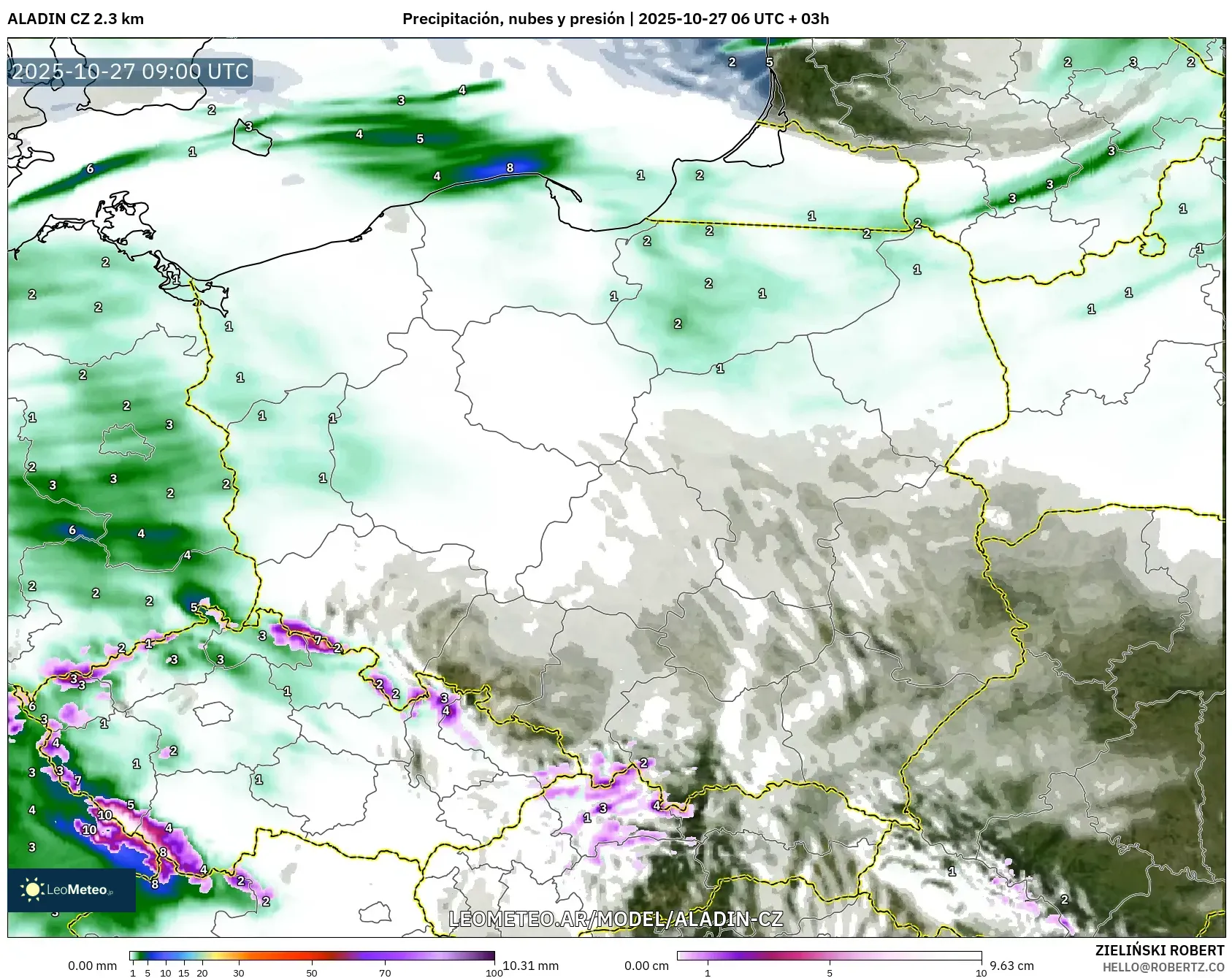 ALADIN CZ 2.3 km model - Polonia, Precipitación, nubes y presión ALADIN CZ 2.3 km model - Polonia, Precipitación, nubes y presión
