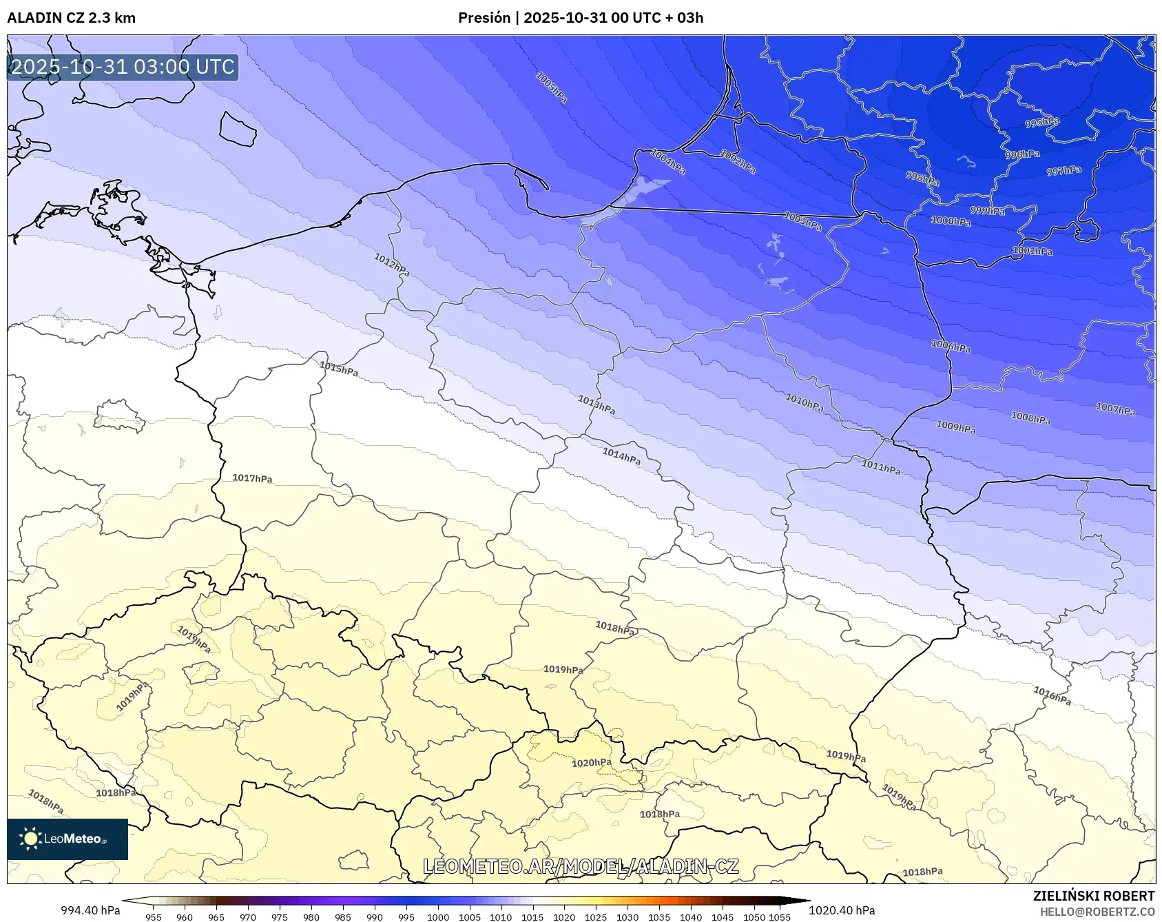 ALADIN CZ 2.3 km model - Polonia, Presión ALADIN CZ 2.3 km model - Polonia, Presión