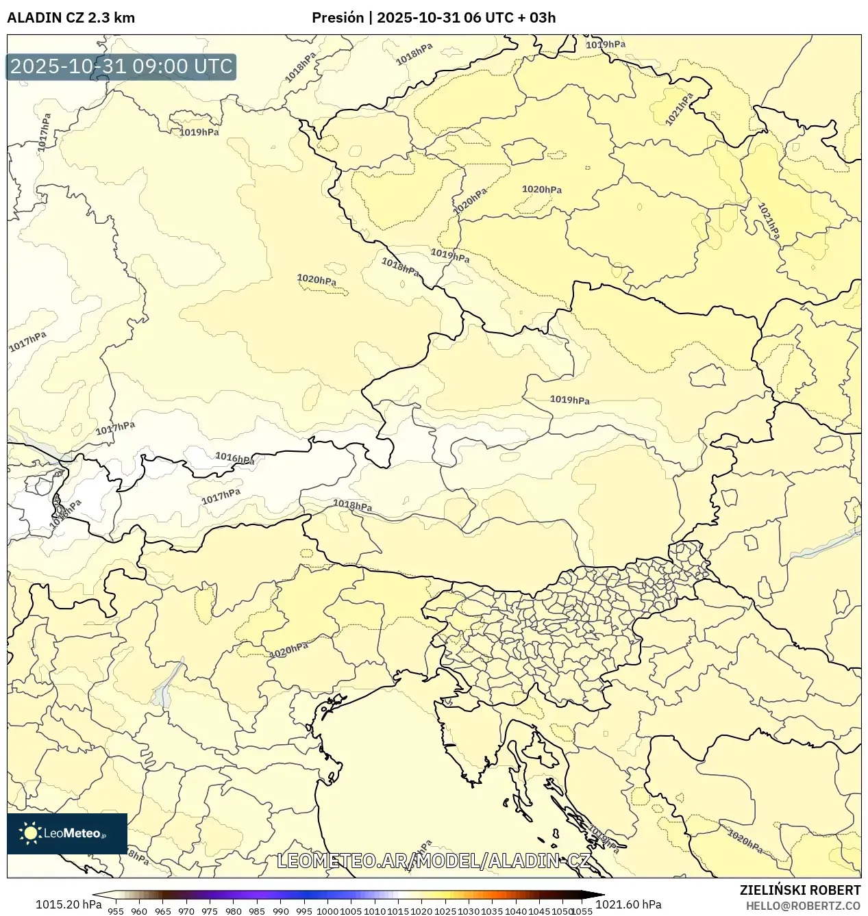 ALADIN CZ 2.3 km model - Austria, Presión ALADIN CZ 2.3 km model - Austria, Presión