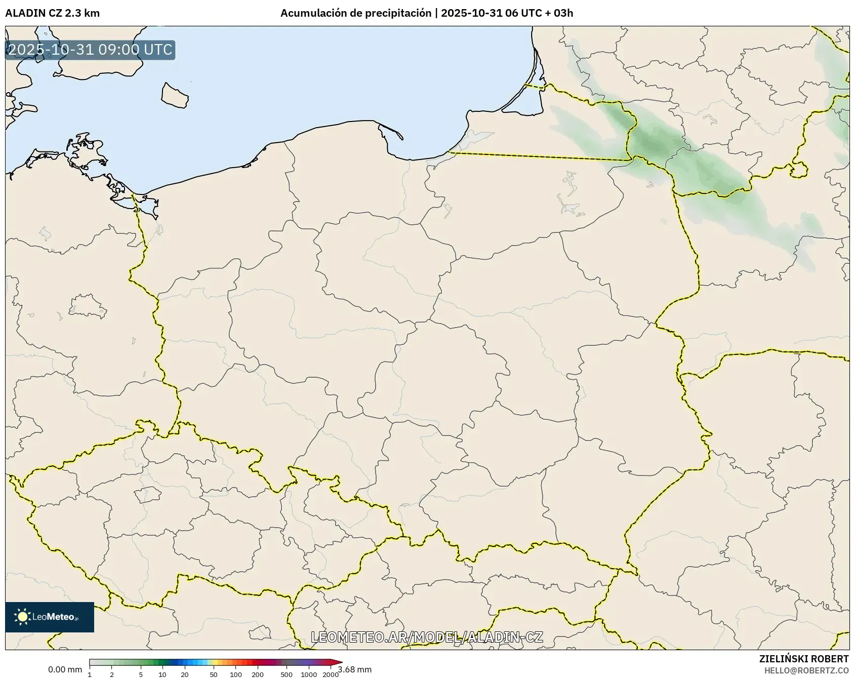ALADIN CZ 2.3 km model - Polonia, Acumulación de precipitación ALADIN CZ 2.3 km model - Polonia, Acumulación de precipitación