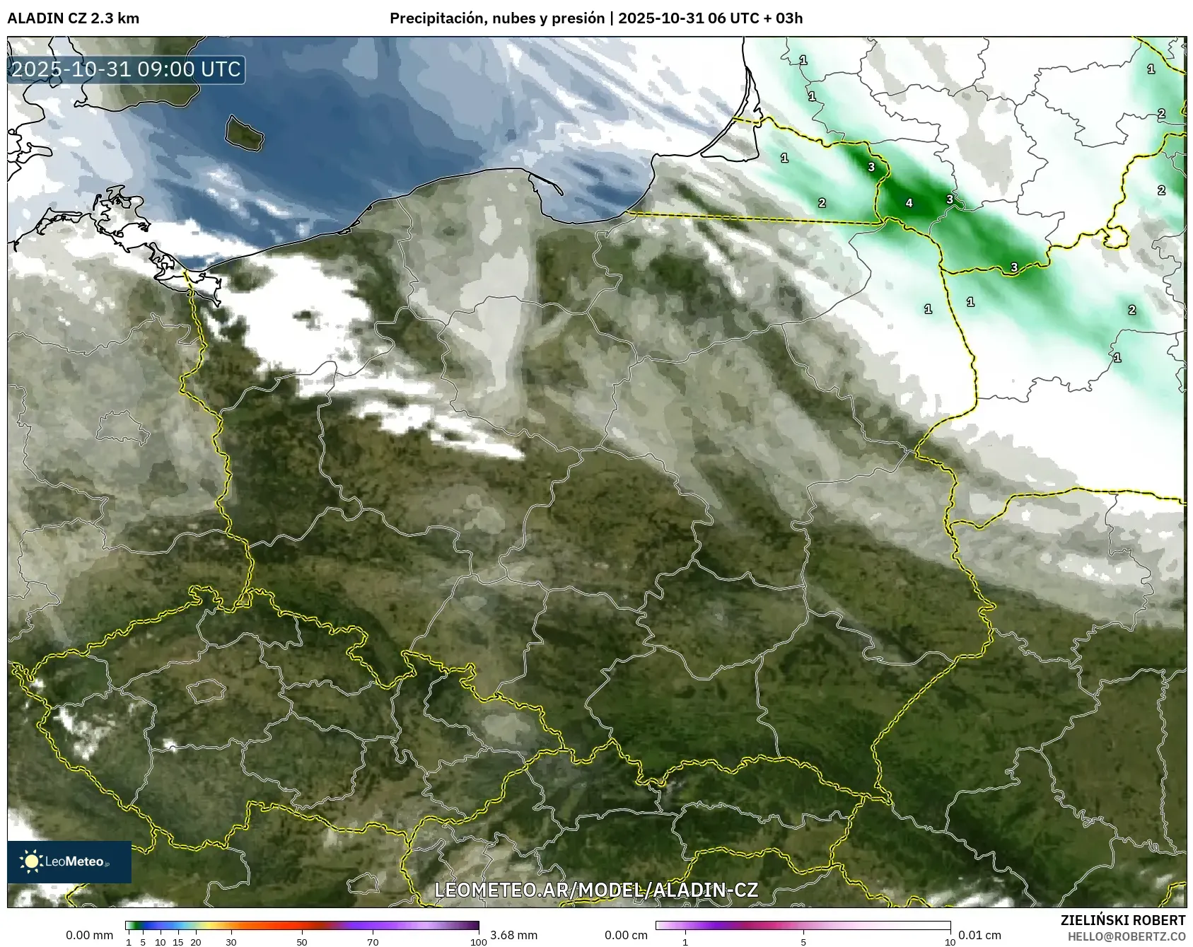 ALADIN CZ 2.3 km model - Polonia, Precipitación, nubes y presión ALADIN CZ 2.3 km model - Polonia, Precipitación, nubes y presión