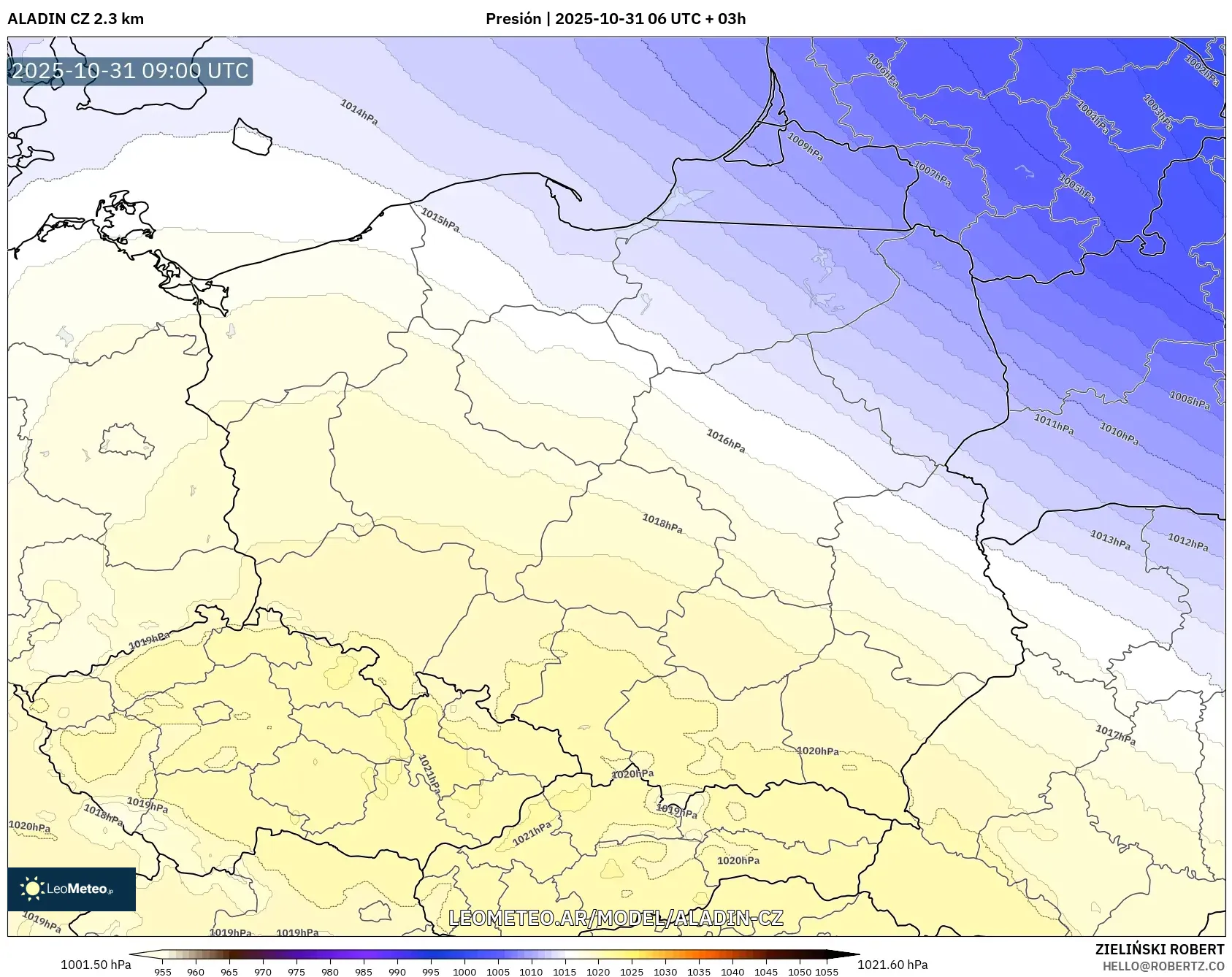 ALADIN CZ 2.3 km model - Polonia, Presión ALADIN CZ 2.3 km model - Polonia, Presión