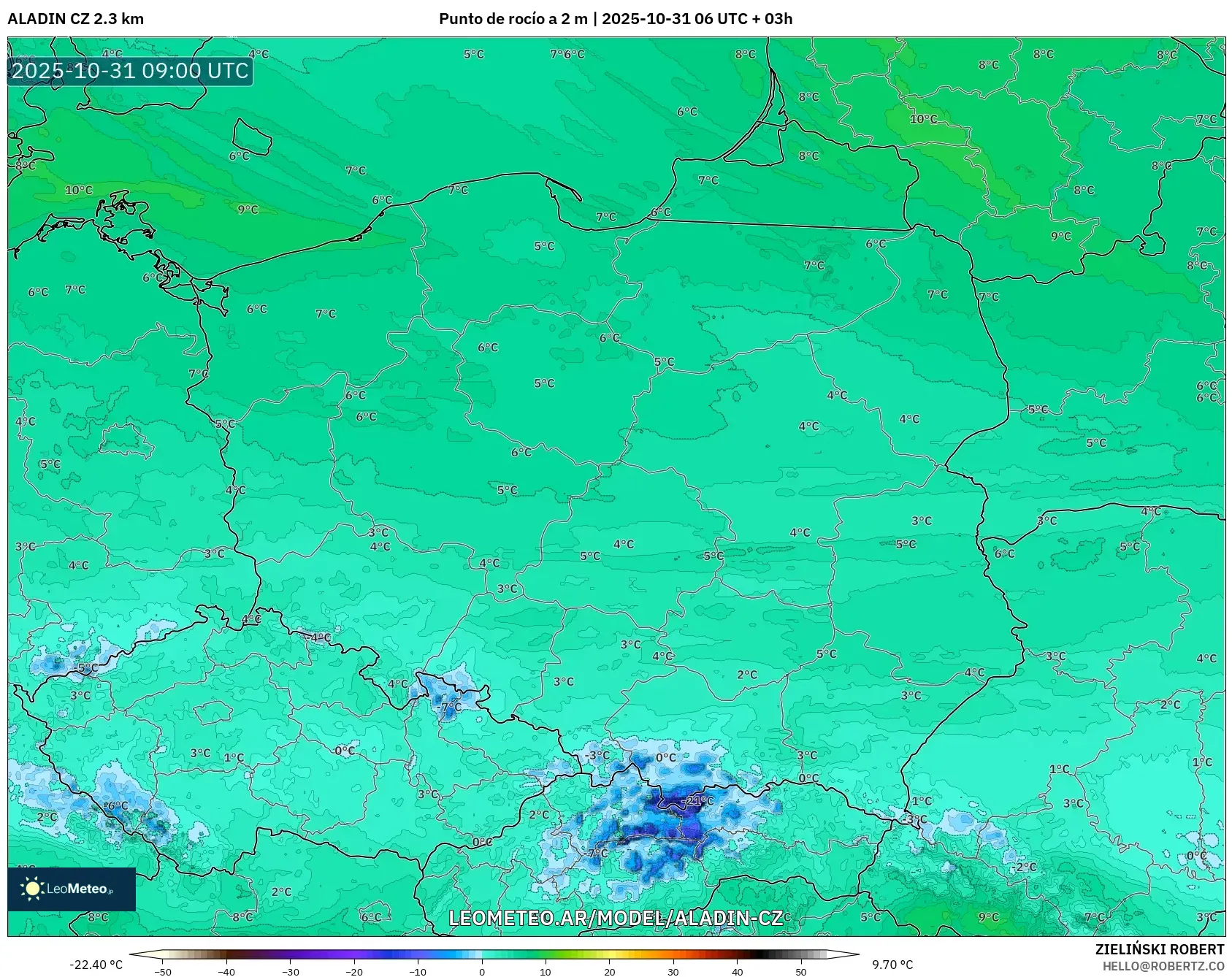 ALADIN CZ 2.3 km model - Polonia, Punto de rocío a 2 m ALADIN CZ 2.3 km model - Polonia, Punto de rocío a 2 m