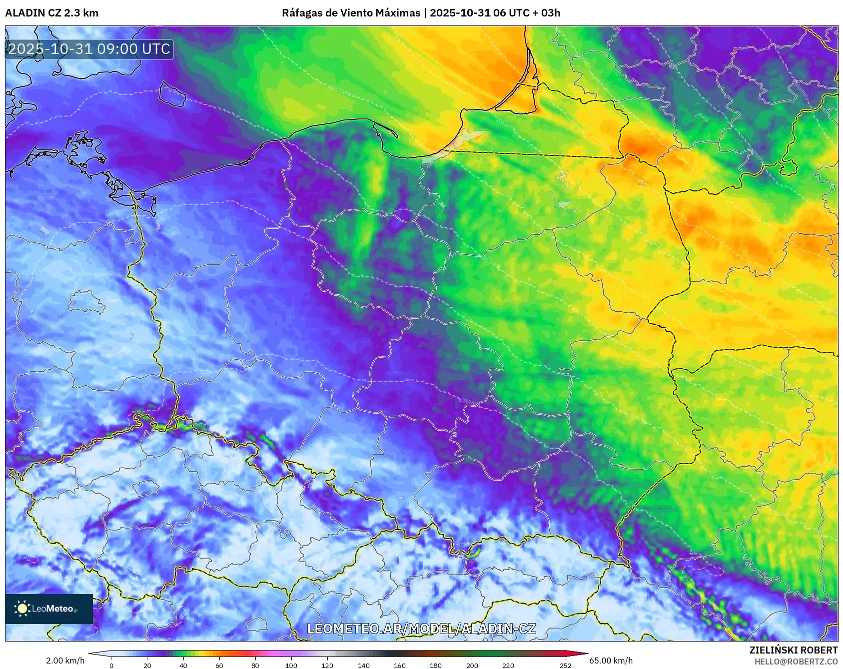 ALADIN CZ 2.3 km model - Polonia, Ráfagas de Viento Máximas ALADIN CZ 2.3 km model - Polonia, Ráfagas de Viento Máximas