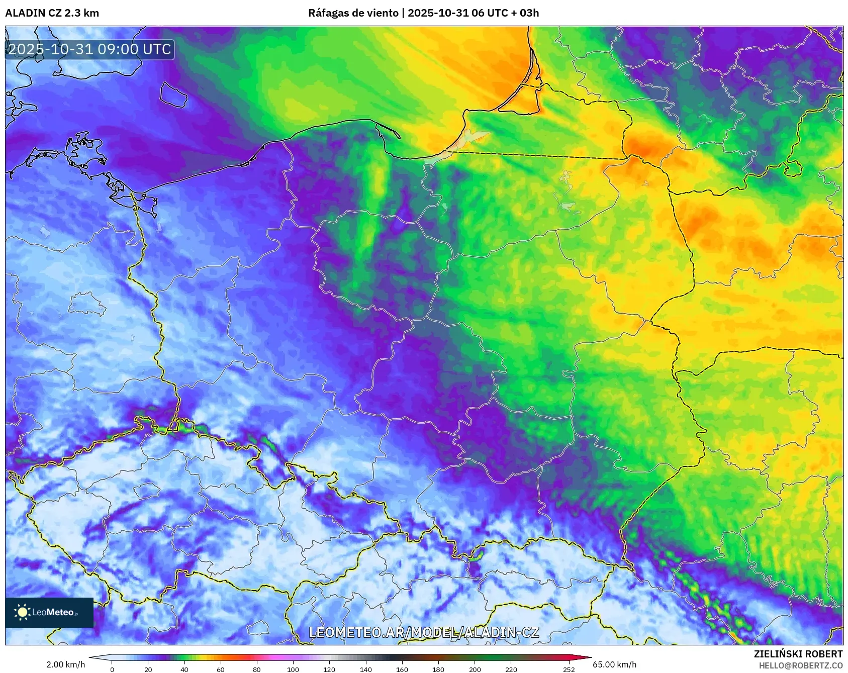 ALADIN CZ 2.3 km model - Polonia, Ráfagas de viento ALADIN CZ 2.3 km model - Polonia, Ráfagas de viento