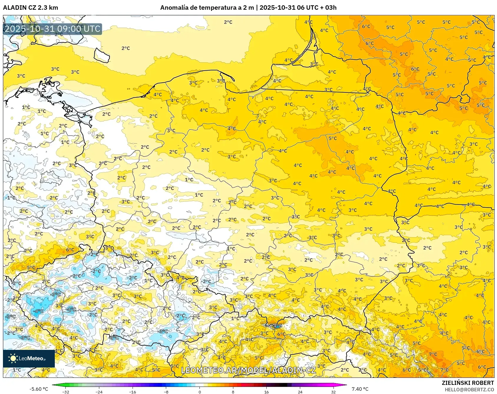 ALADIN CZ 2.3 km model - Polonia, Anomalía de temperatura a 2 m ALADIN CZ 2.3 km model - Polonia, Anomalía de temperatura a 2 m