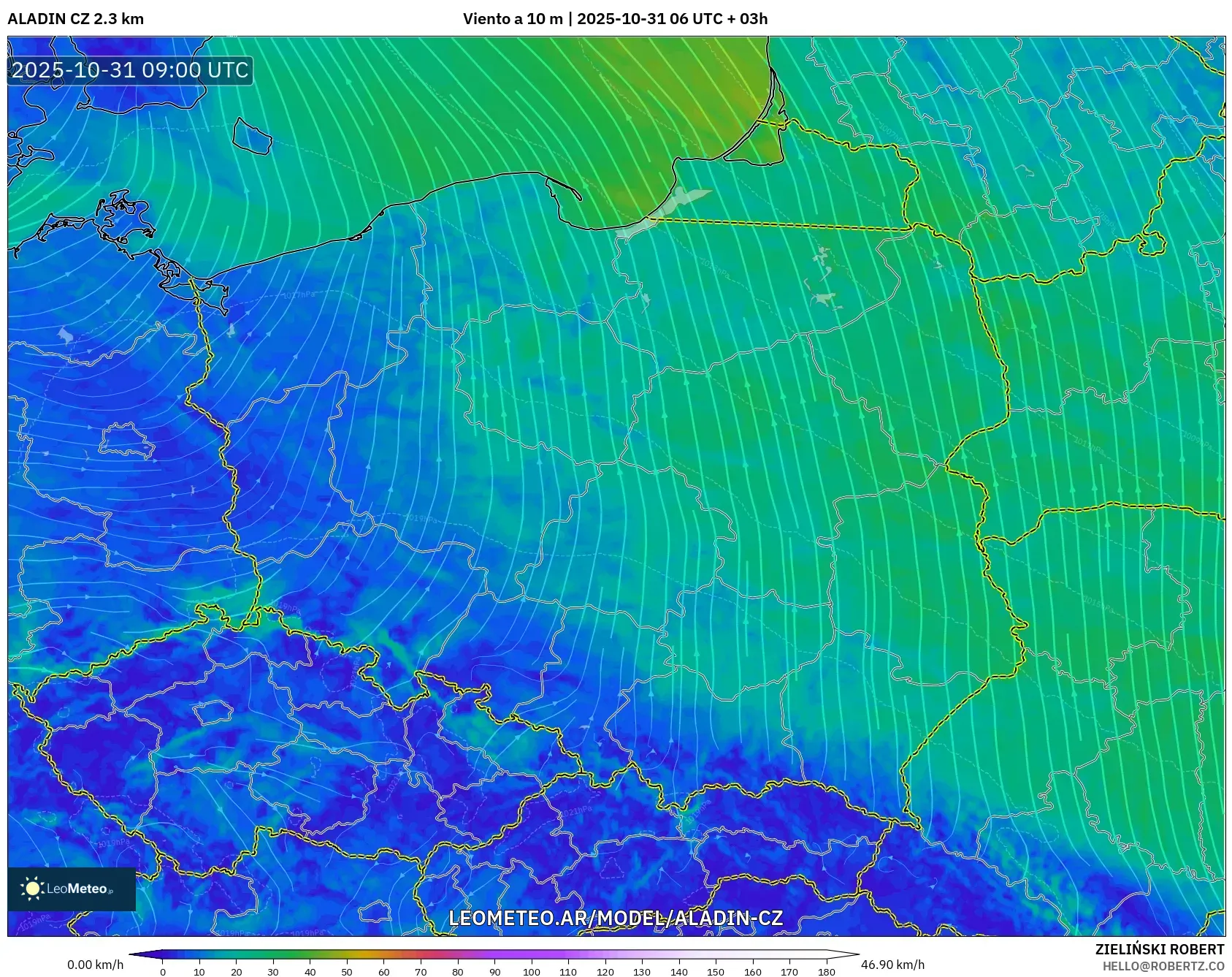 ALADIN CZ 2.3 km model - Polonia, Viento a 10 m ALADIN CZ 2.3 km model - Polonia, Viento a 10 m