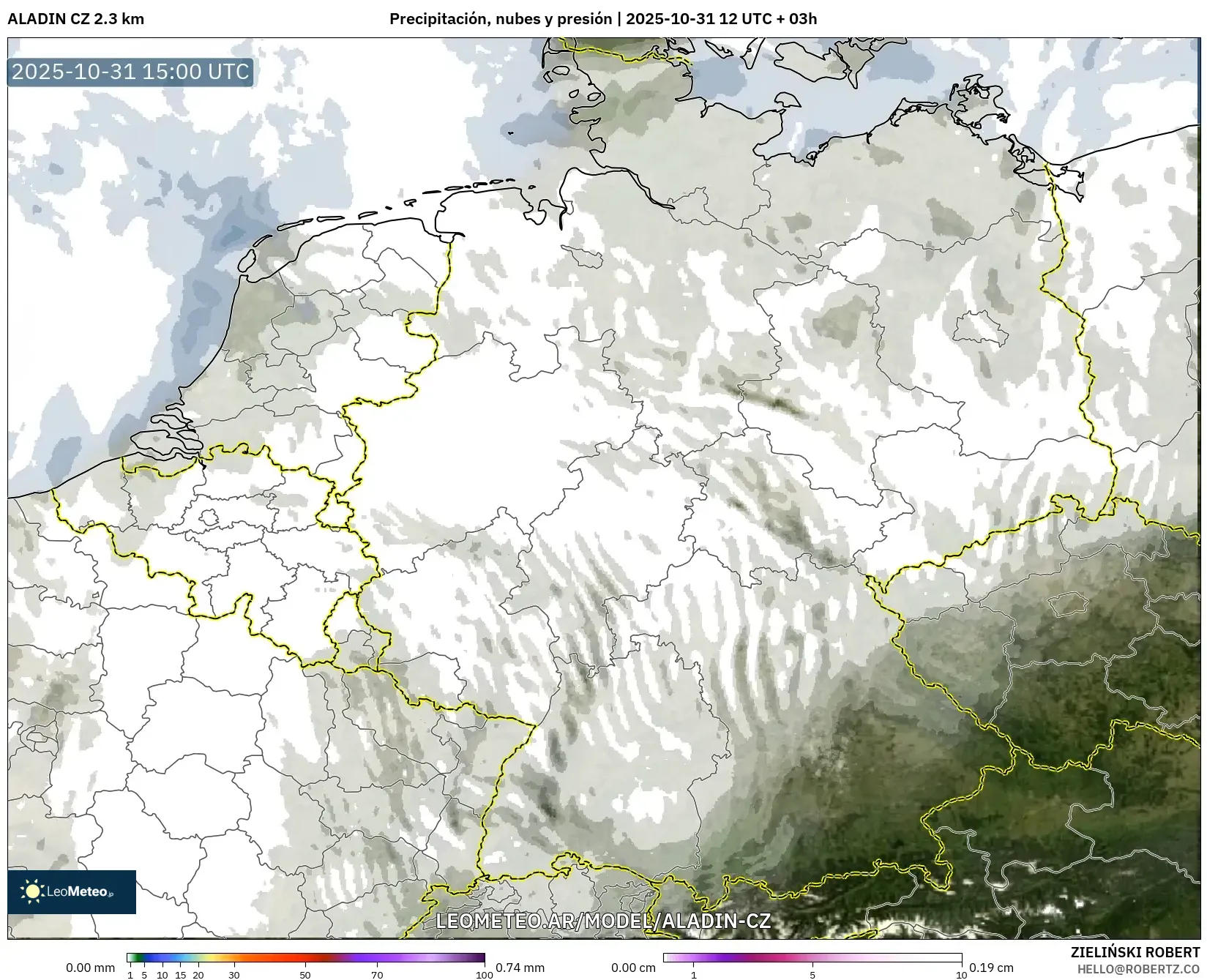 ALADIN CZ 2.3 km model - Alemania, Precipitación, nubes y presión ALADIN CZ 2.3 km model - Alemania, Precipitación, nubes y presión