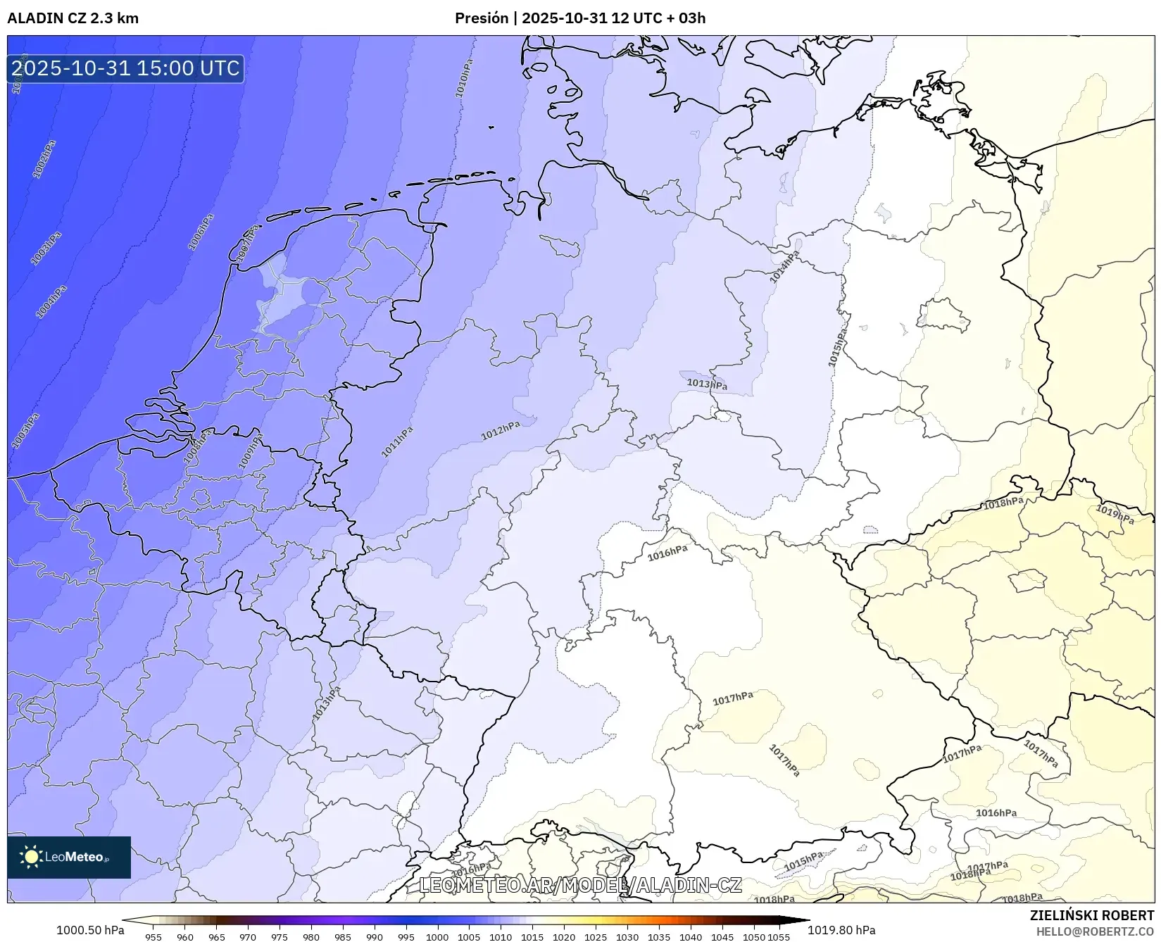 ALADIN CZ 2.3 km model - Alemania, Presión ALADIN CZ 2.3 km model - Alemania, Presión