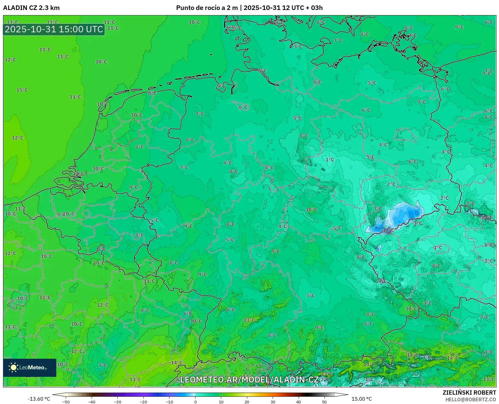 ALADIN CZ 2.3 km model - Alemania, Punto de rocío a 2 m ALADIN CZ 2.3 km model - Alemania, Punto de rocío a 2 m