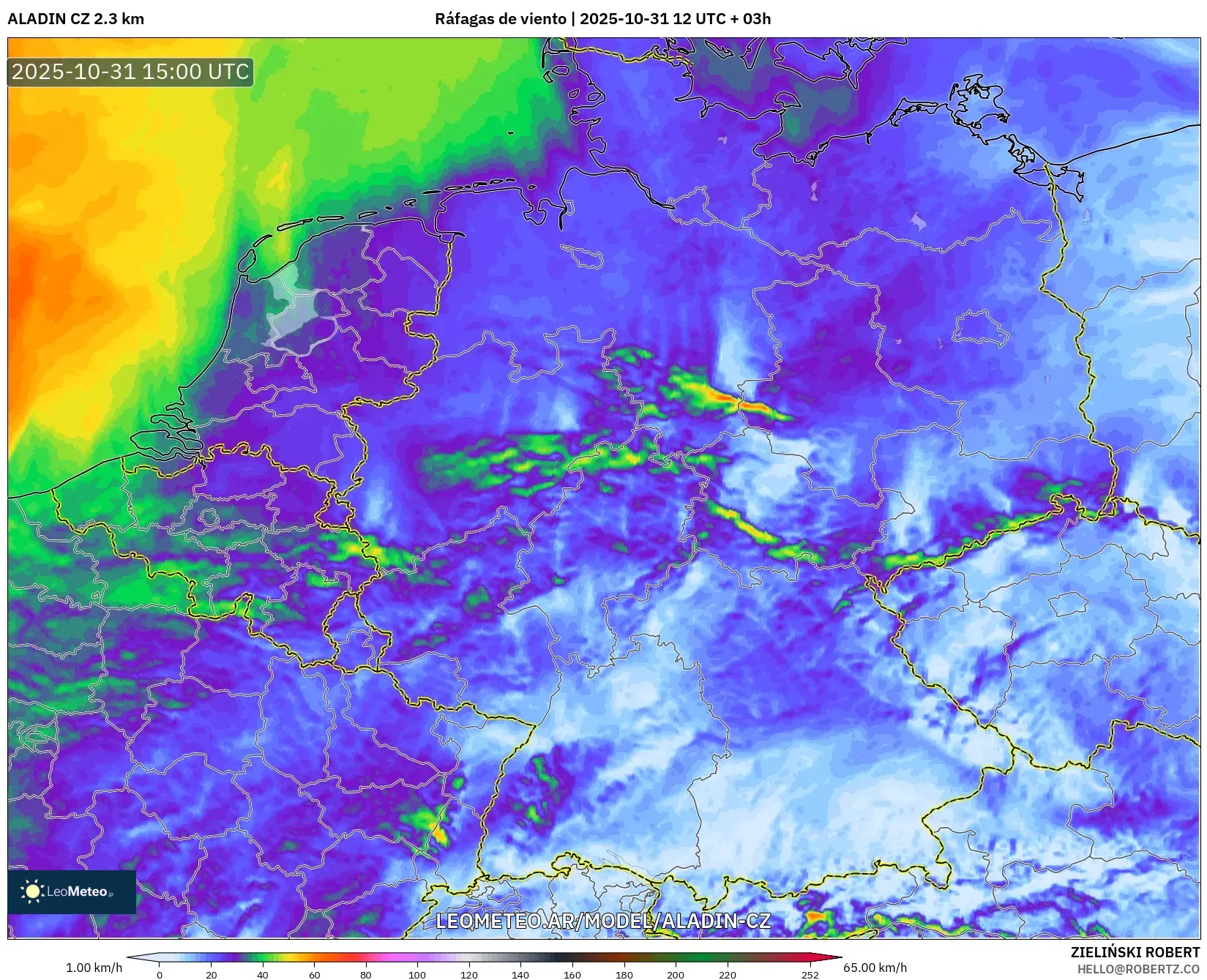 ALADIN CZ 2.3 km model - Alemania, Ráfagas de viento ALADIN CZ 2.3 km model - Alemania, Ráfagas de viento
