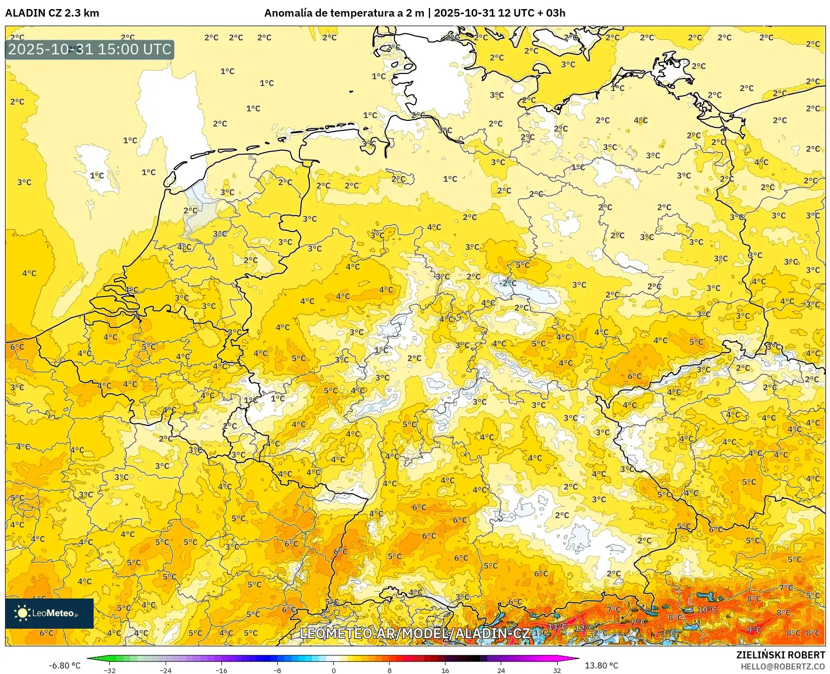ALADIN CZ 2.3 km model - Alemania, Anomalía de temperatura a 2 m ALADIN CZ 2.3 km model - Alemania, Anomalía de temperatura a 2 m