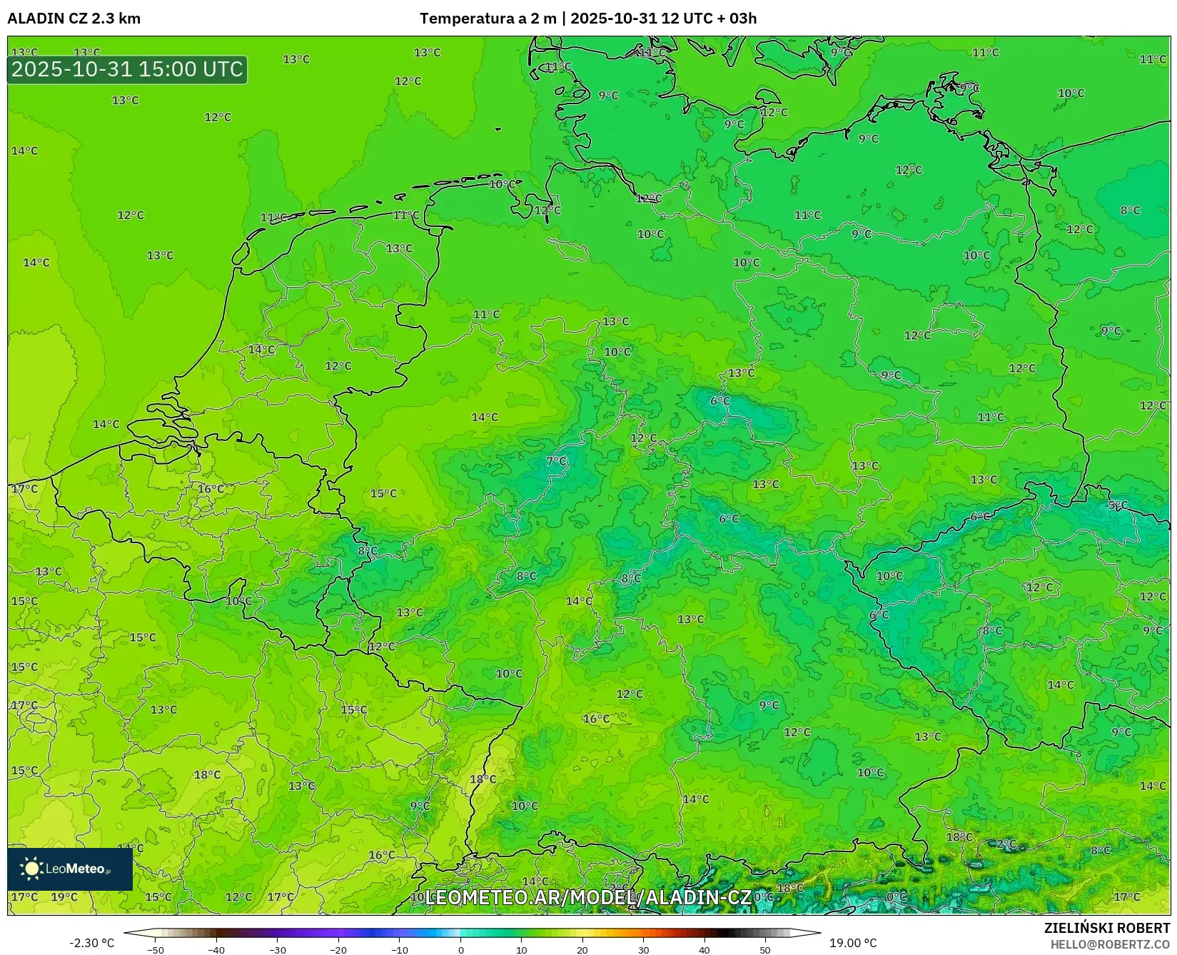 ALADIN CZ 2.3 km model - Alemania, Temperatura a 2 m ALADIN CZ 2.3 km model - Alemania, Temperatura a 2 m