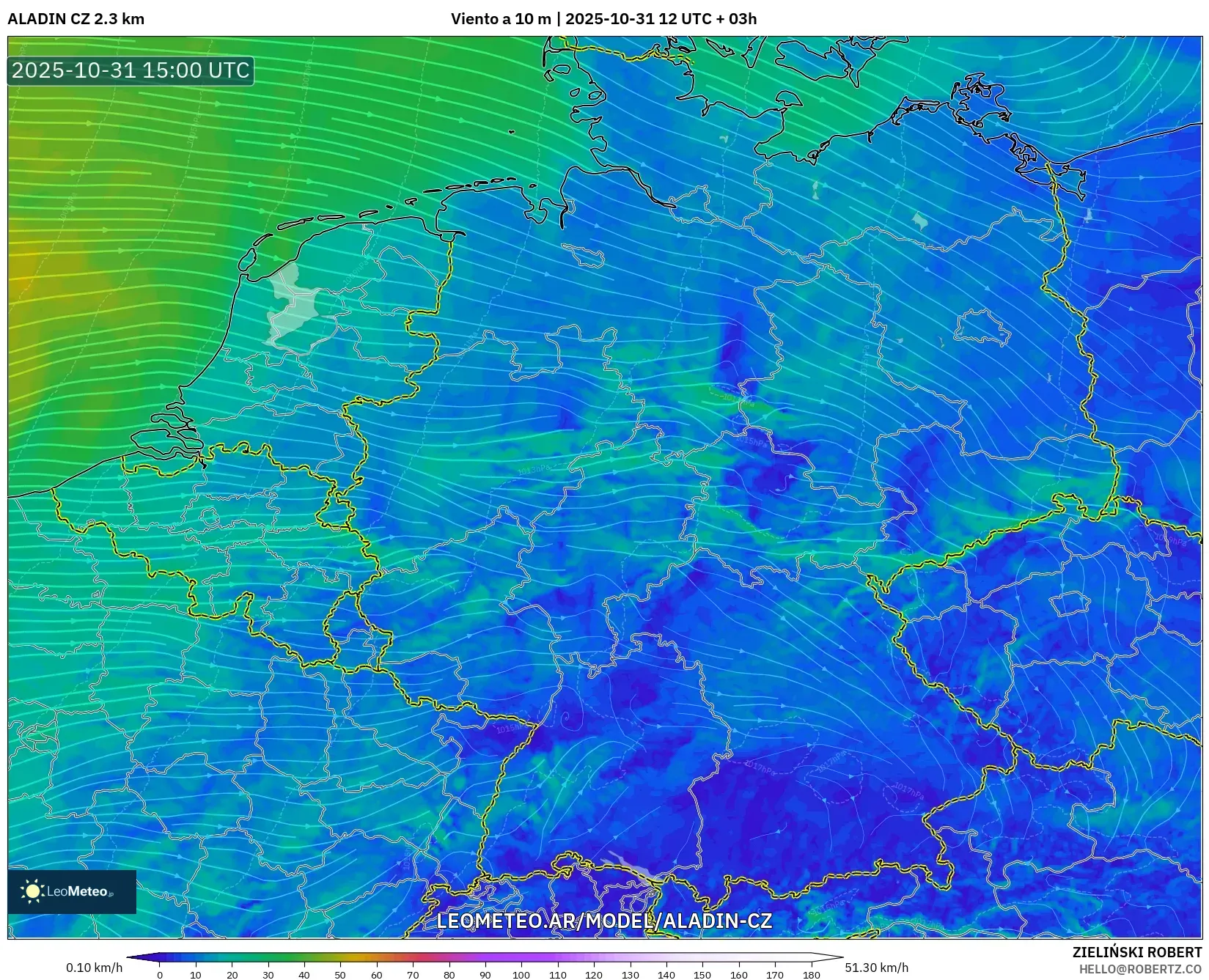 ALADIN CZ 2.3 km model - Alemania, Viento a 10 m ALADIN CZ 2.3 km model - Alemania, Viento a 10 m