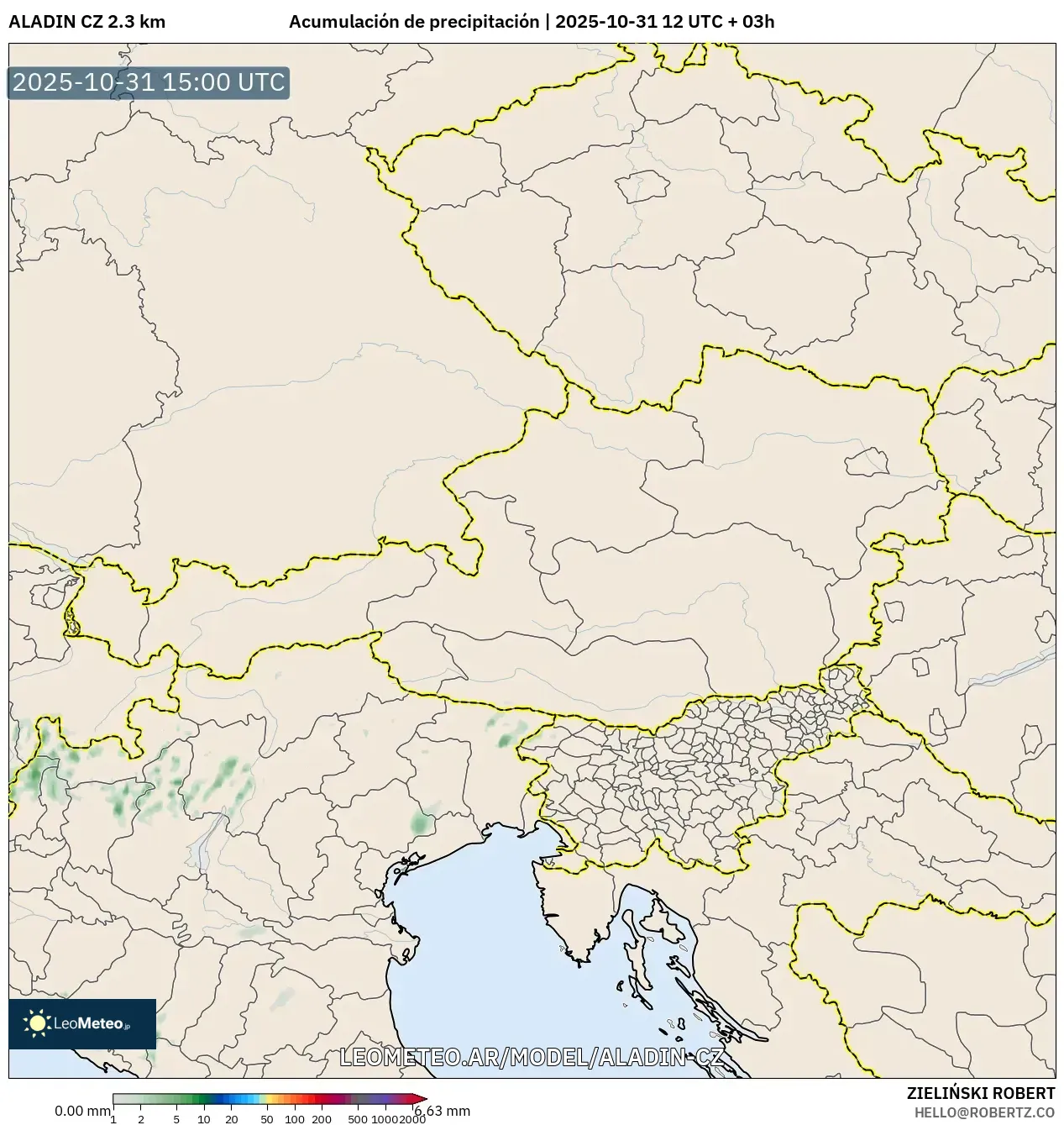 ALADIN CZ 2.3 km model - Austria, Acumulación de precipitación ALADIN CZ 2.3 km model - Austria, Acumulación de precipitación
