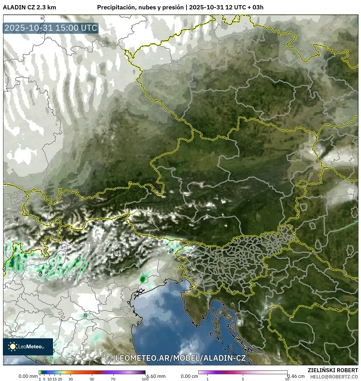 ALADIN CZ 2.3 km model - Austria, Precipitación, nubes y presión ALADIN CZ 2.3 km model - Austria, Precipitación, nubes y presión