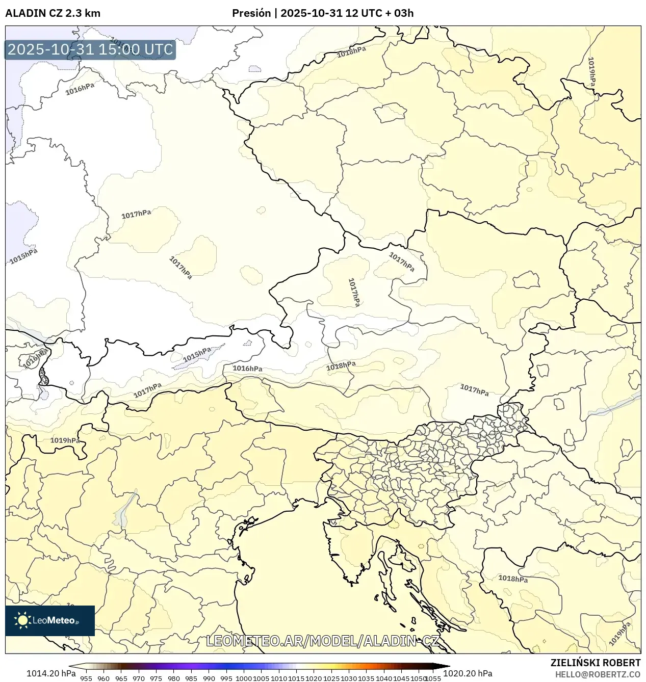 ALADIN CZ 2.3 km model - Austria, Presión ALADIN CZ 2.3 km model - Austria, Presión