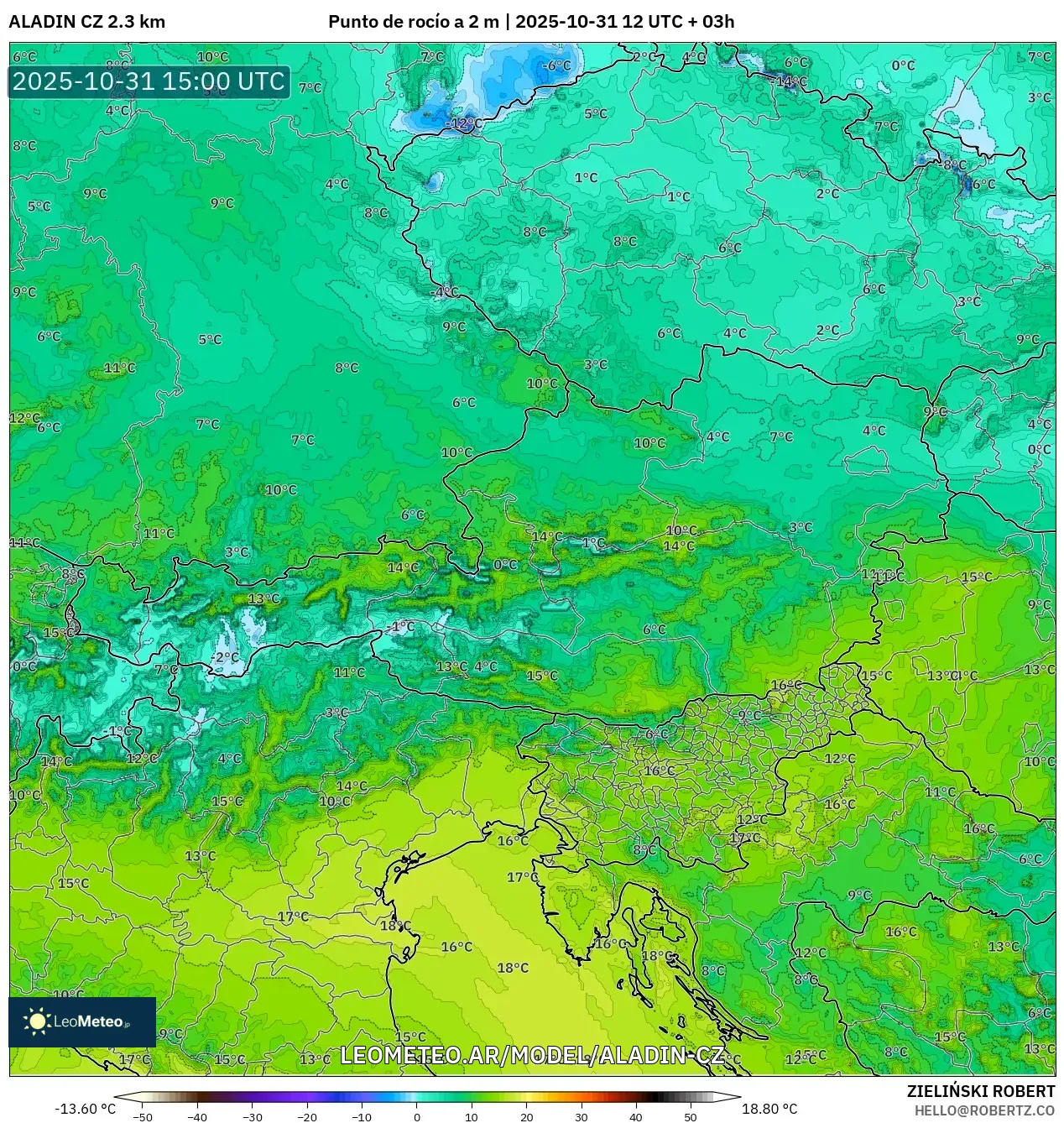 ALADIN CZ 2.3 km model - Austria, Punto de rocío a 2 m ALADIN CZ 2.3 km model - Austria, Punto de rocío a 2 m