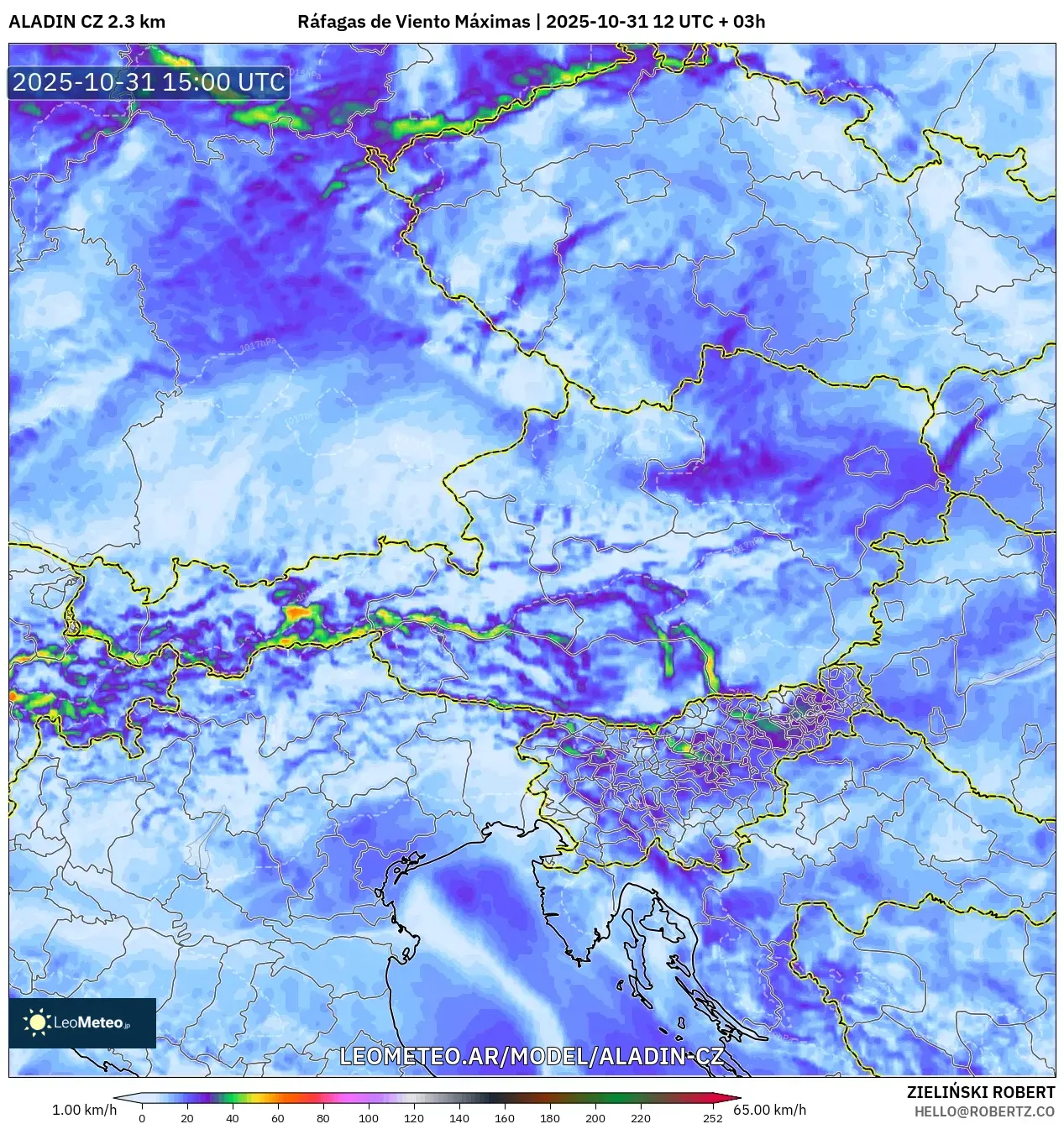 ALADIN CZ 2.3 km model - Austria, Ráfagas de Viento Máximas