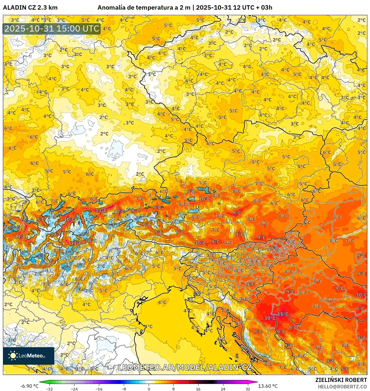 ALADIN CZ 2.3 km model - Austria, Anomalía de temperatura a 2 m ALADIN CZ 2.3 km model - Austria, Anomalía de temperatura a 2 m