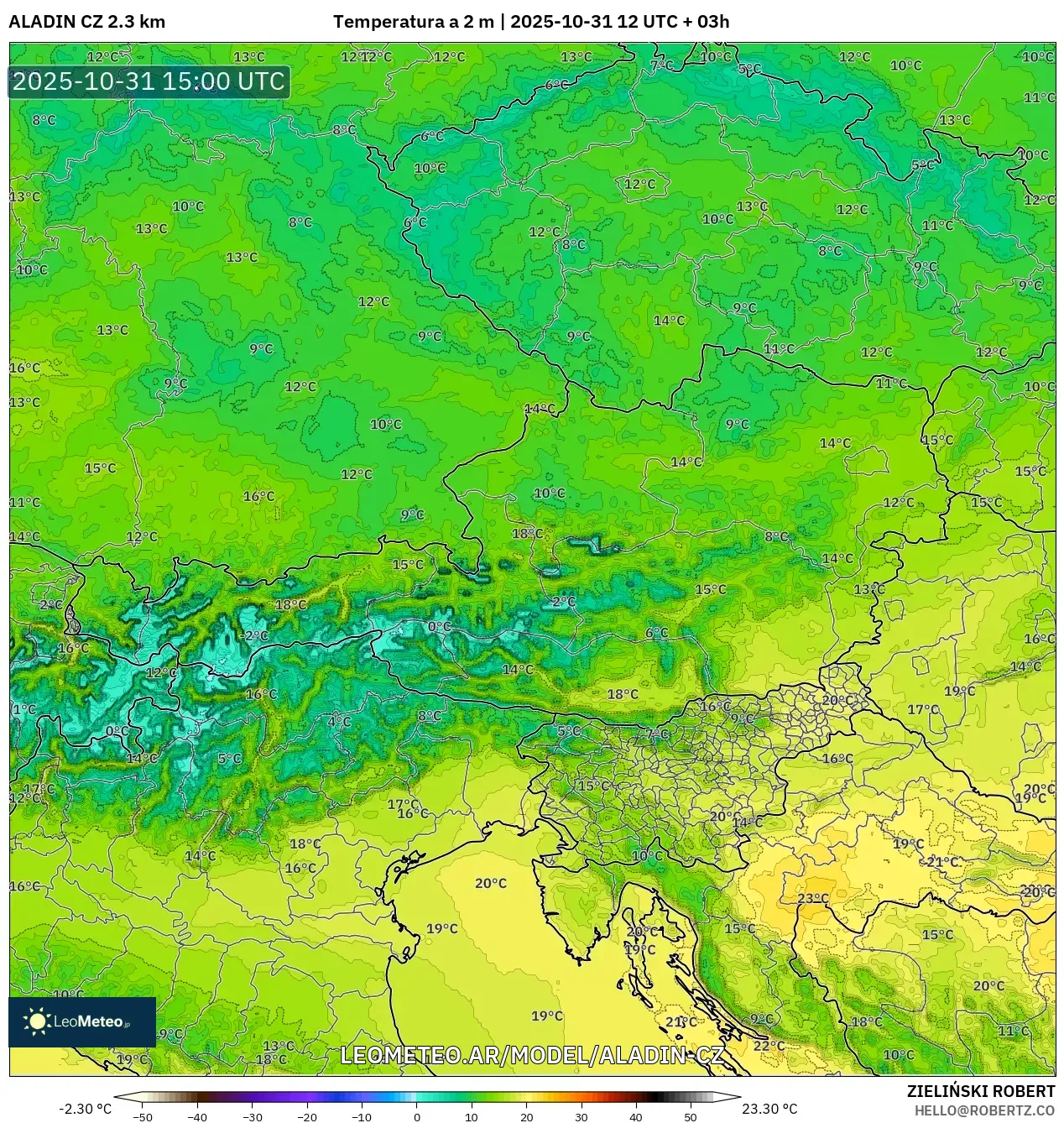 ALADIN CZ 2.3 km model - Austria, Temperatura a 2 m ALADIN CZ 2.3 km model - Austria, Temperatura a 2 m