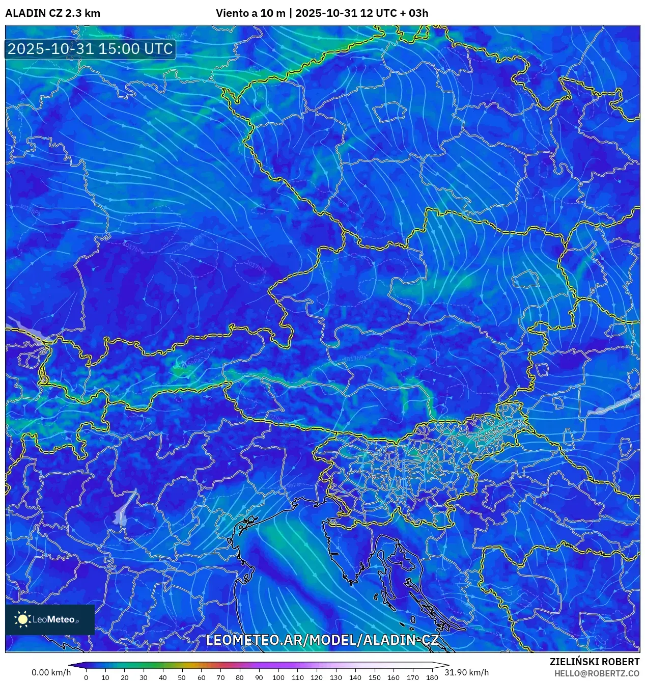 ALADIN CZ 2.3 km model - Austria, Viento a 10 m ALADIN CZ 2.3 km model - Austria, Viento a 10 m