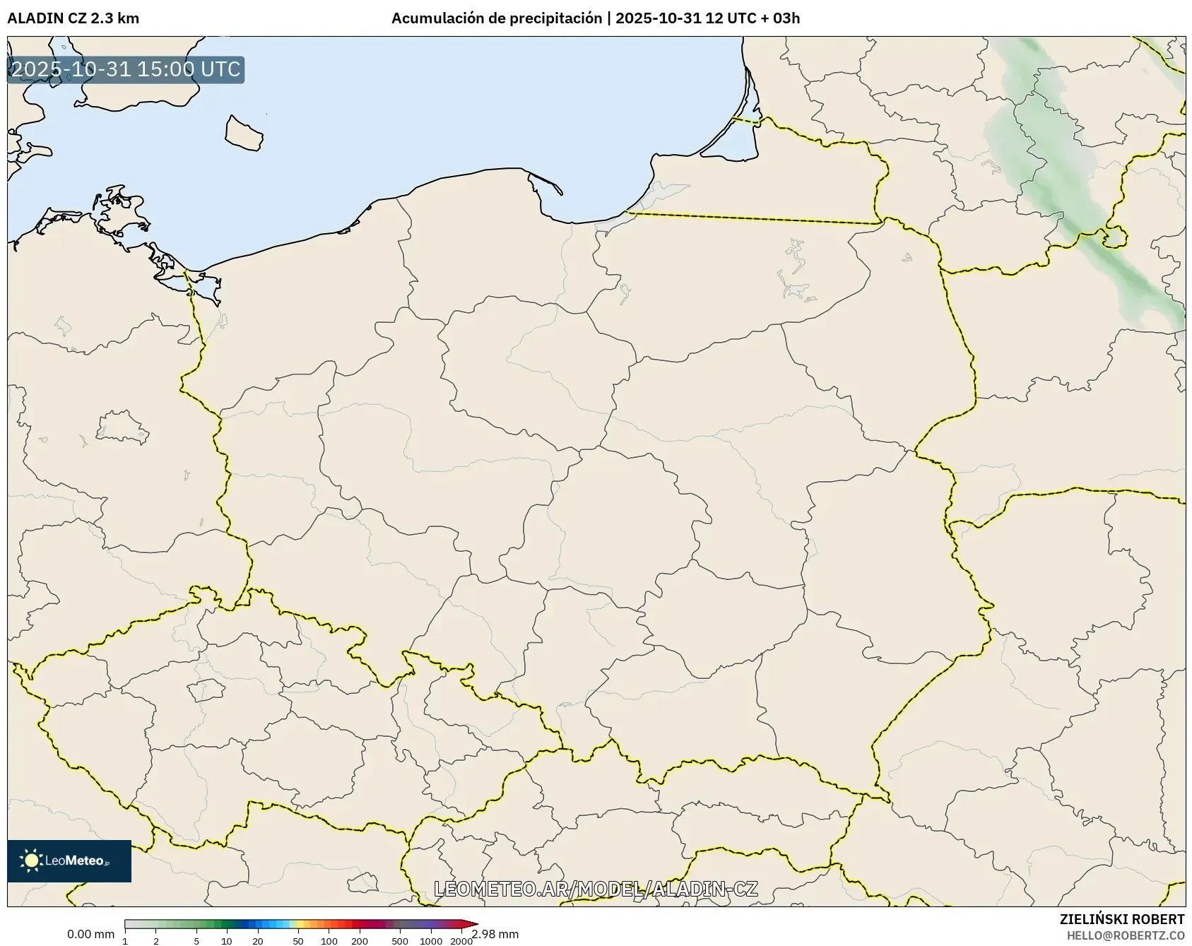 ALADIN CZ 2.3 km model - Polonia, Acumulación de precipitación ALADIN CZ 2.3 km model - Polonia, Acumulación de precipitación