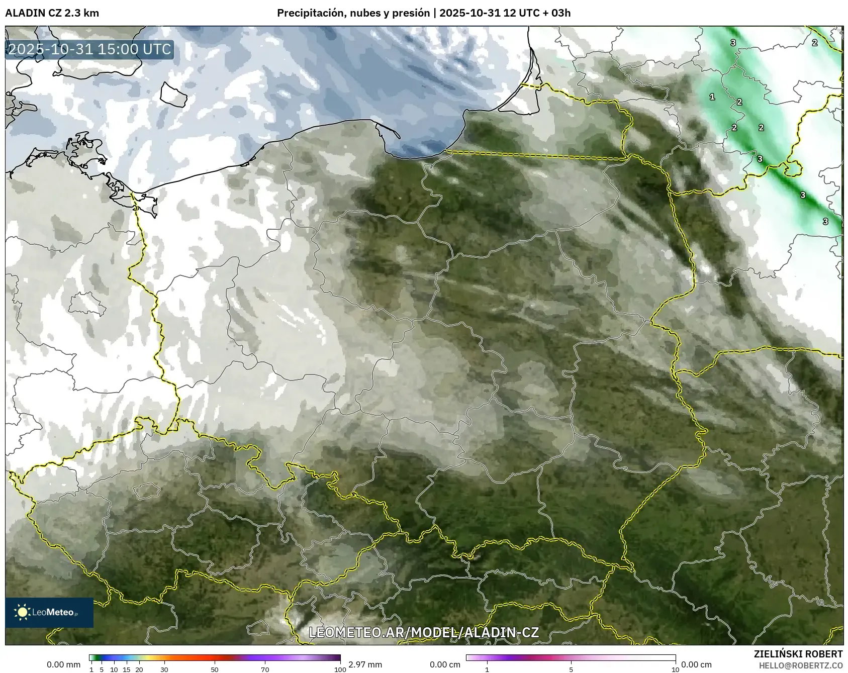 ALADIN CZ 2.3 km model - Polonia, Precipitación, nubes y presión ALADIN CZ 2.3 km model - Polonia, Precipitación, nubes y presión