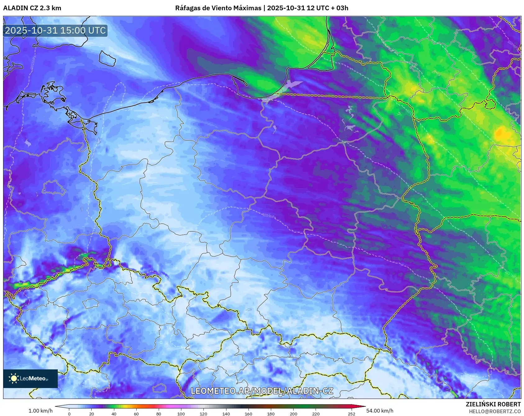 ALADIN CZ 2.3 km model - Polonia, Ráfagas de Viento Máximas ALADIN CZ 2.3 km model - Polonia, Ráfagas de Viento Máximas