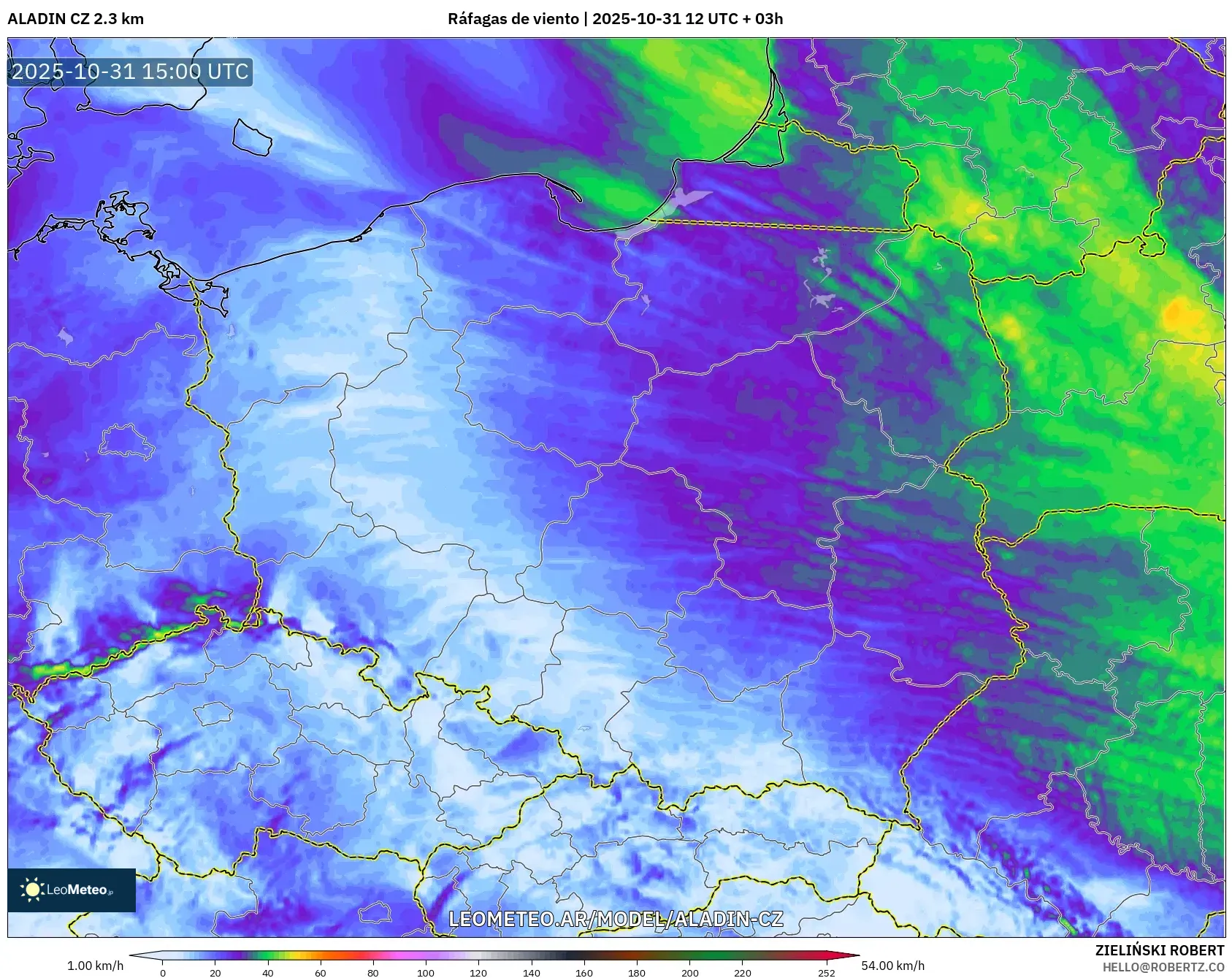 ALADIN CZ 2.3 km model - Polonia, Ráfagas de viento ALADIN CZ 2.3 km model - Polonia, Ráfagas de viento