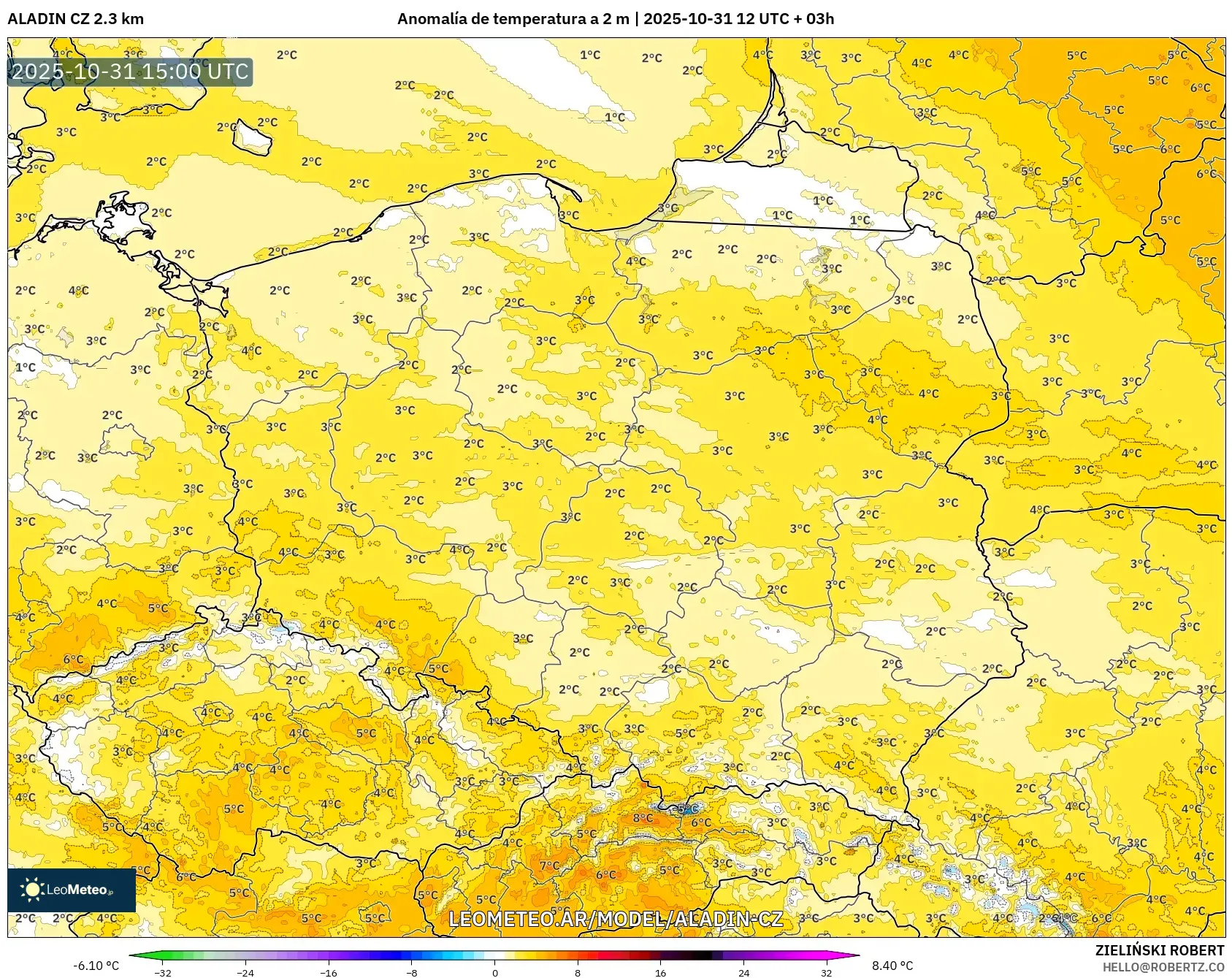 ALADIN CZ 2.3 km model - Polonia, Anomalía de temperatura a 2 m ALADIN CZ 2.3 km model - Polonia, Anomalía de temperatura a 2 m