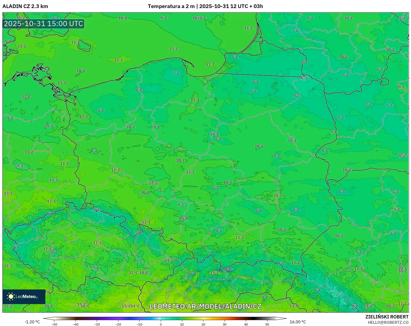 ALADIN CZ 2.3 km model - Polonia, Temperatura a 2 m ALADIN CZ 2.3 km model - Polonia, Temperatura a 2 m