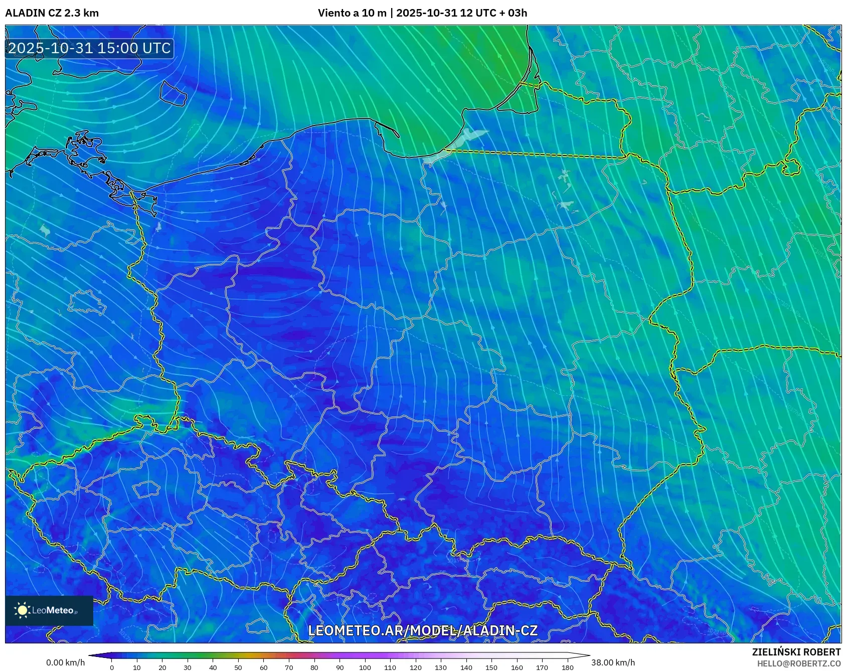 ALADIN CZ 2.3 km model - Polonia, Viento a 10 m ALADIN CZ 2.3 km model - Polonia, Viento a 10 m