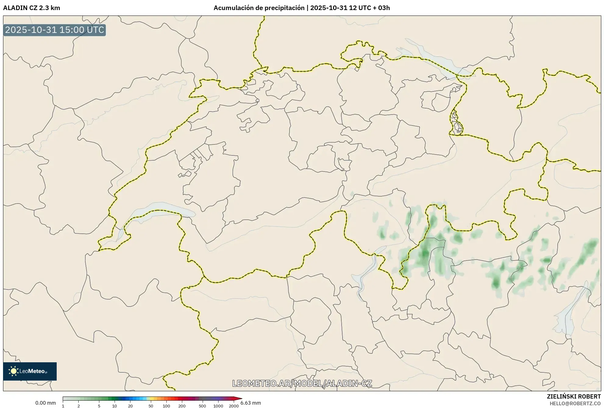 ALADIN CZ 2.3 km model - Suiza, Acumulación de precipitación ALADIN CZ 2.3 km model - Suiza, Acumulación de precipitación