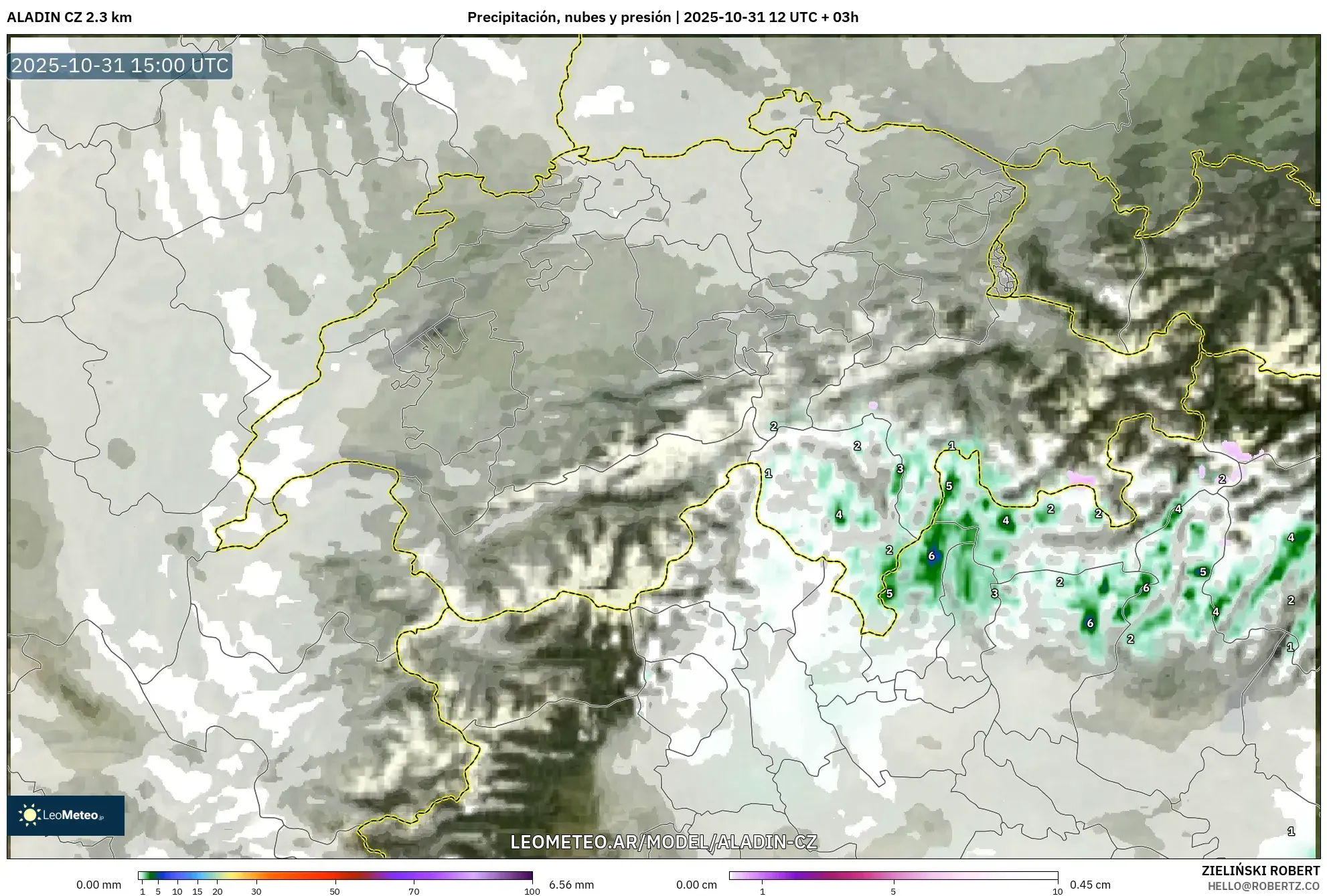 ALADIN CZ 2.3 km model - Suiza, Precipitación, nubes y presión ALADIN CZ 2.3 km model - Suiza, Precipitación, nubes y presión