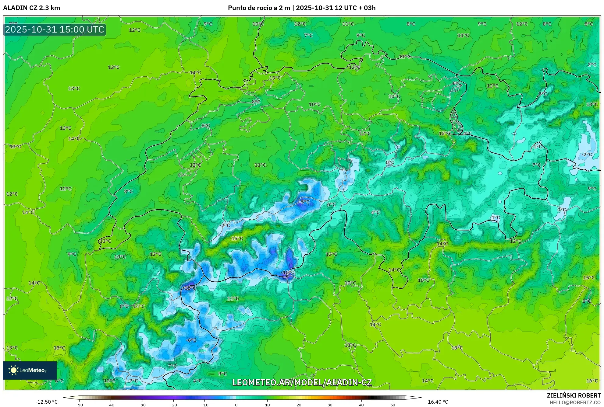 ALADIN CZ 2.3 km model - Suiza, Punto de rocío a 2 m ALADIN CZ 2.3 km model - Suiza, Punto de rocío a 2 m