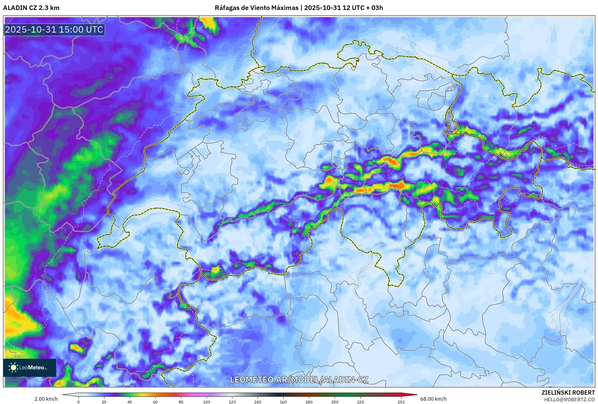 ALADIN CZ 2.3 km model - Suiza, Ráfagas de Viento Máximas