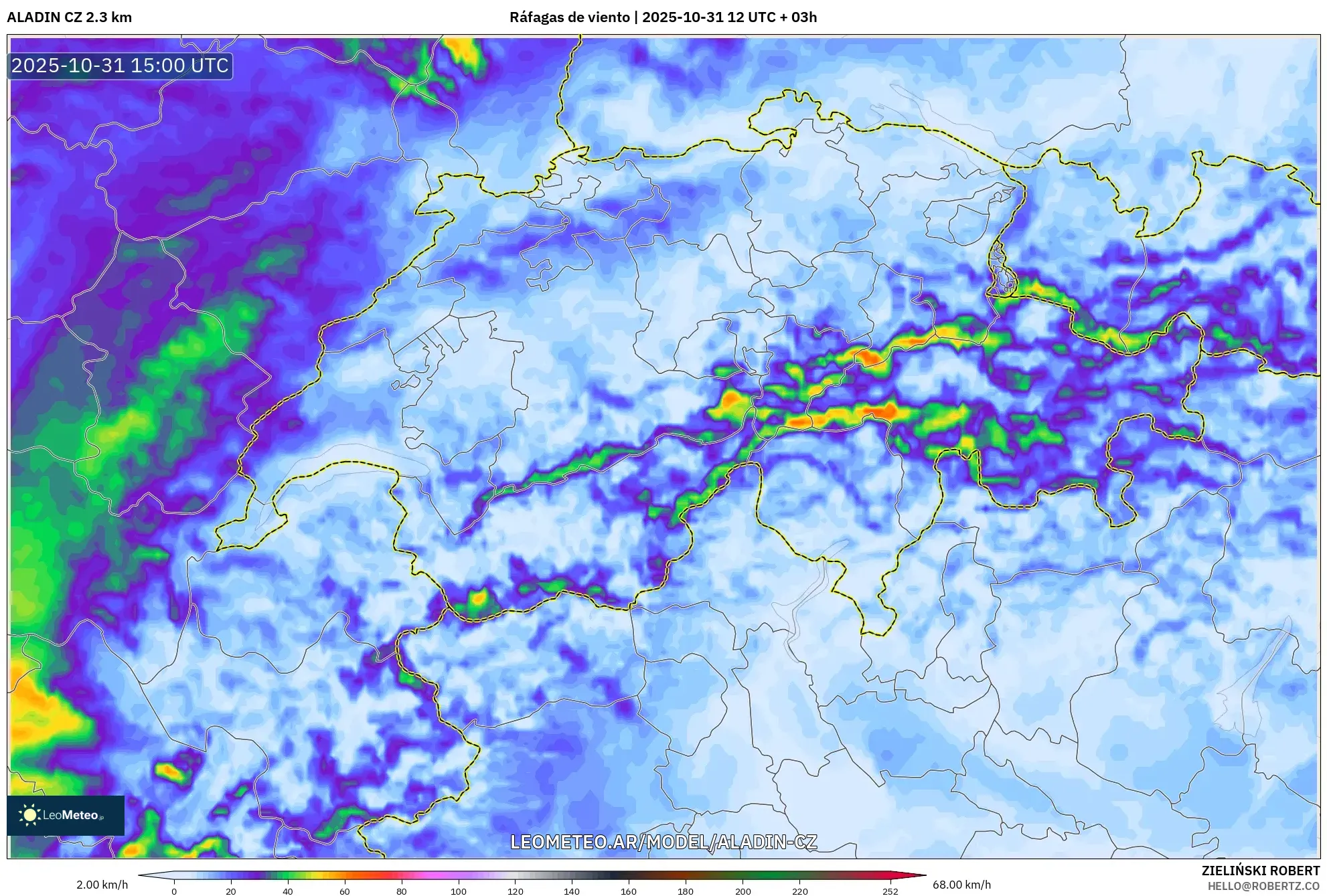 ALADIN CZ 2.3 km model - Suiza, Ráfagas de viento ALADIN CZ 2.3 km model - Suiza, Ráfagas de viento