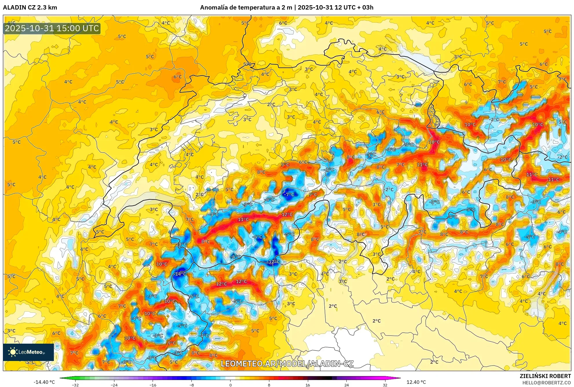 ALADIN CZ 2.3 km model - Suiza, Anomalía de temperatura a 2 m ALADIN CZ 2.3 km model - Suiza, Anomalía de temperatura a 2 m