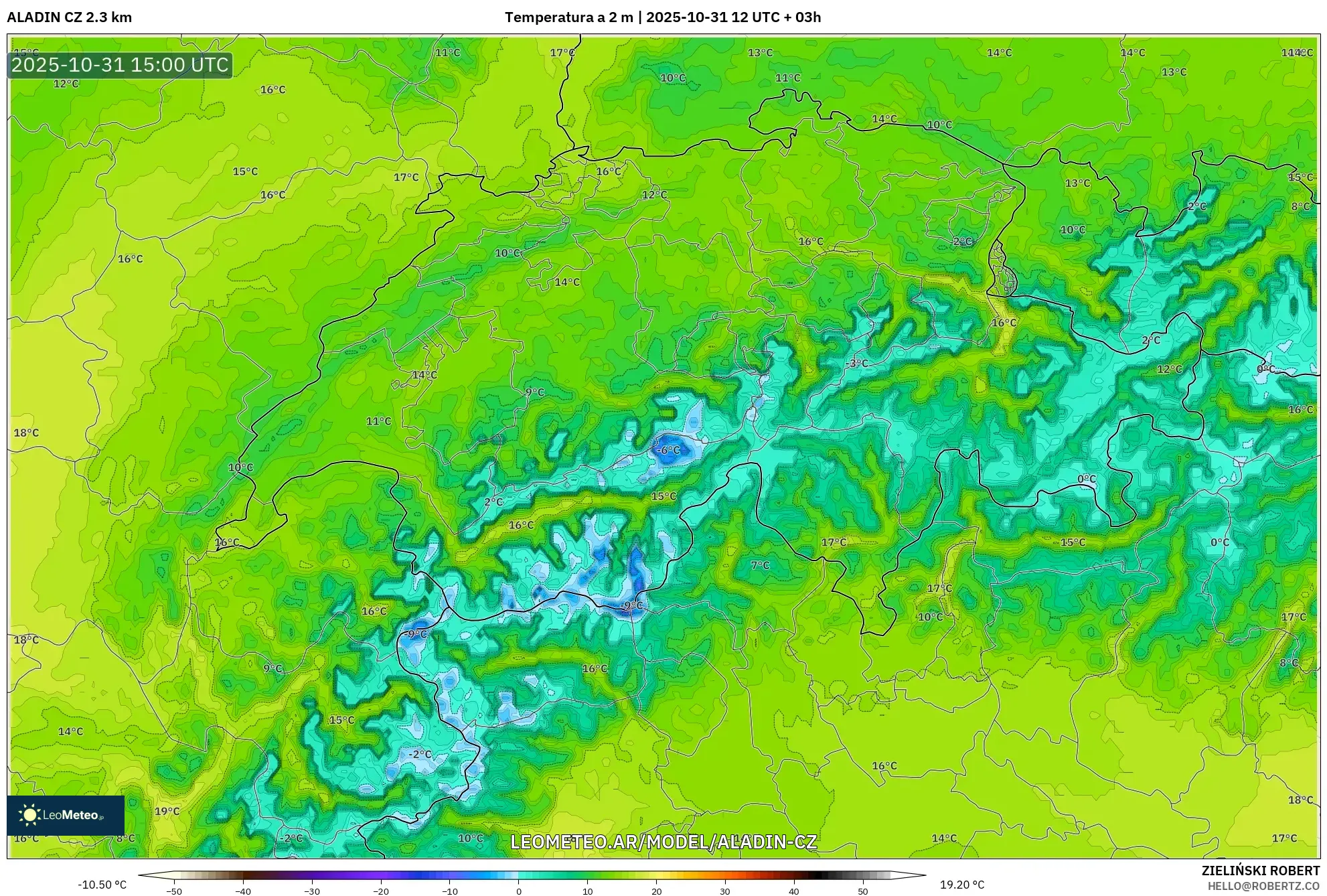 ALADIN CZ 2.3 km model - Suiza, Temperatura a 2 m ALADIN CZ 2.3 km model - Suiza, Temperatura a 2 m