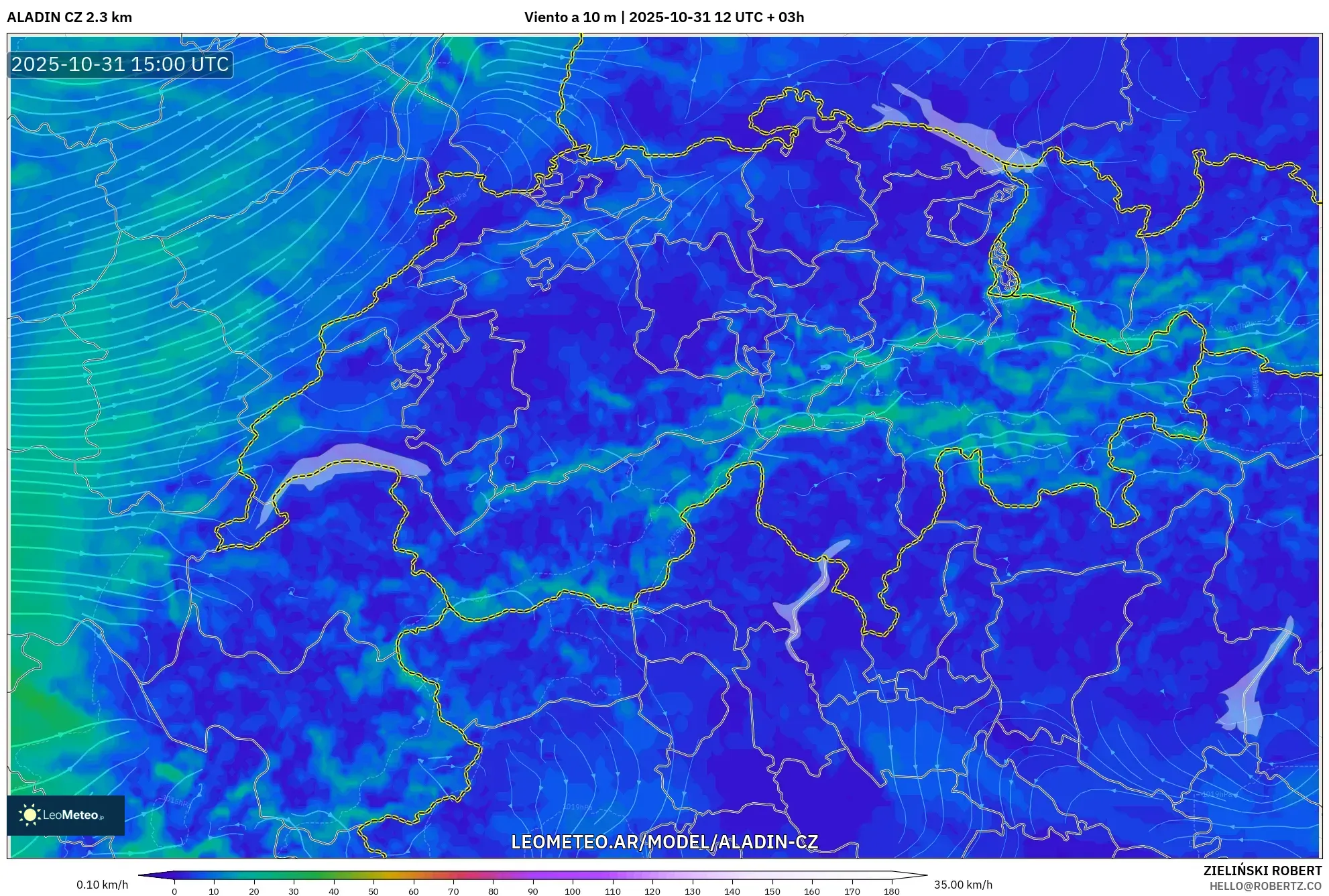 ALADIN CZ 2.3 km model - Suiza, Viento a 10 m ALADIN CZ 2.3 km model - Suiza, Viento a 10 m