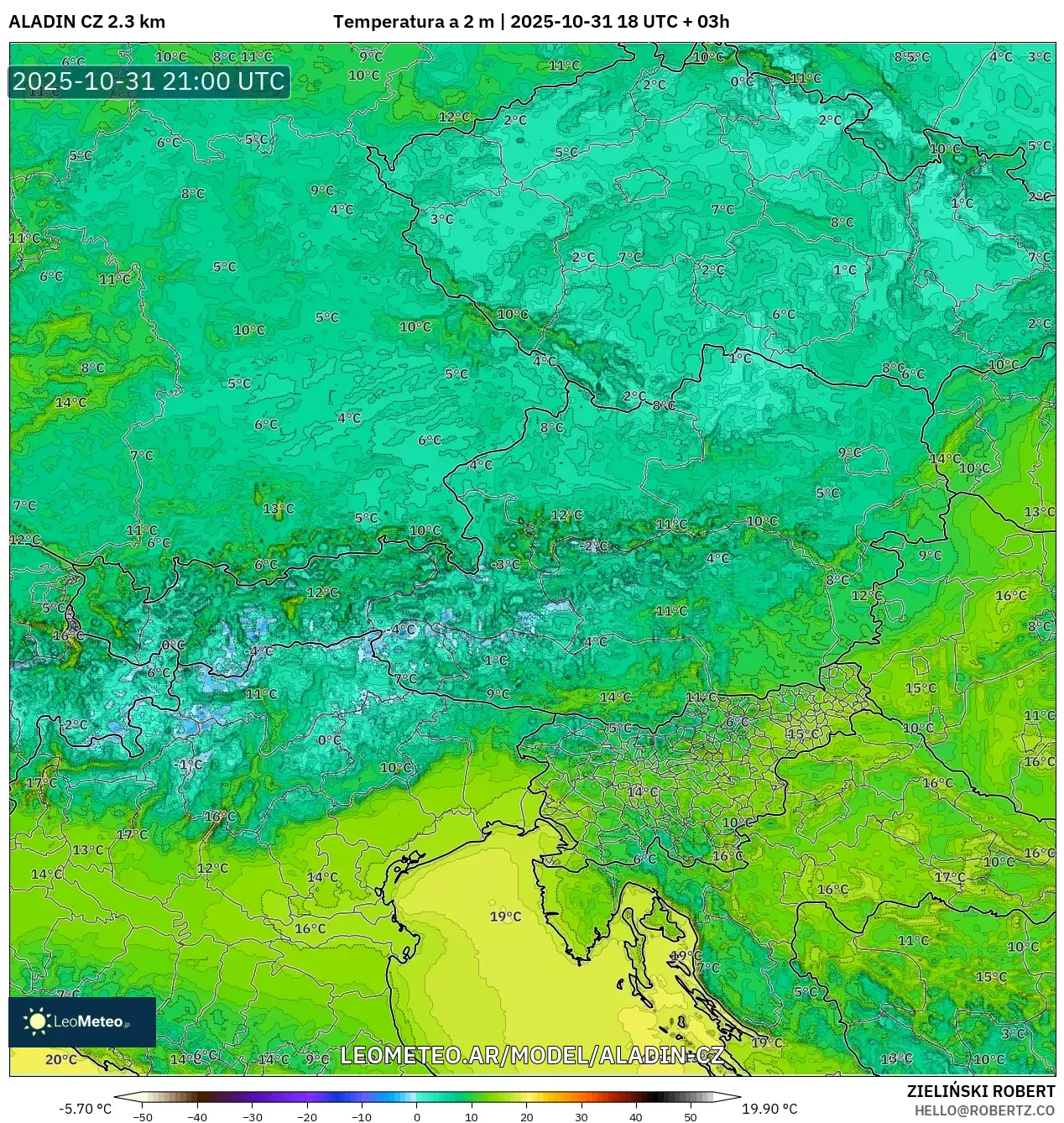 ALADIN CZ 2.3 km model - Austria, Temperatura a 2 m ALADIN CZ 2.3 km model - Austria, Temperatura a 2 m