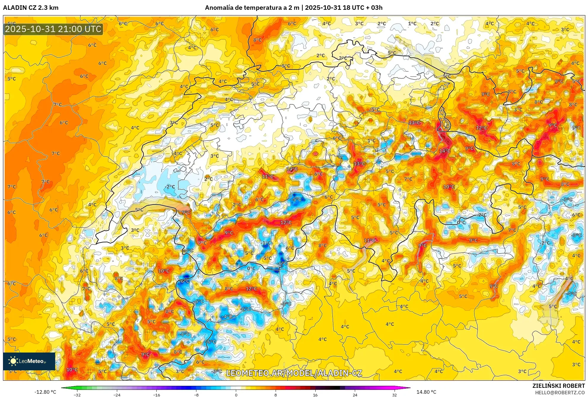 ALADIN CZ 2.3 km model - Suiza, Anomalía de temperatura a 2 m ALADIN CZ 2.3 km model - Suiza, Anomalía de temperatura a 2 m