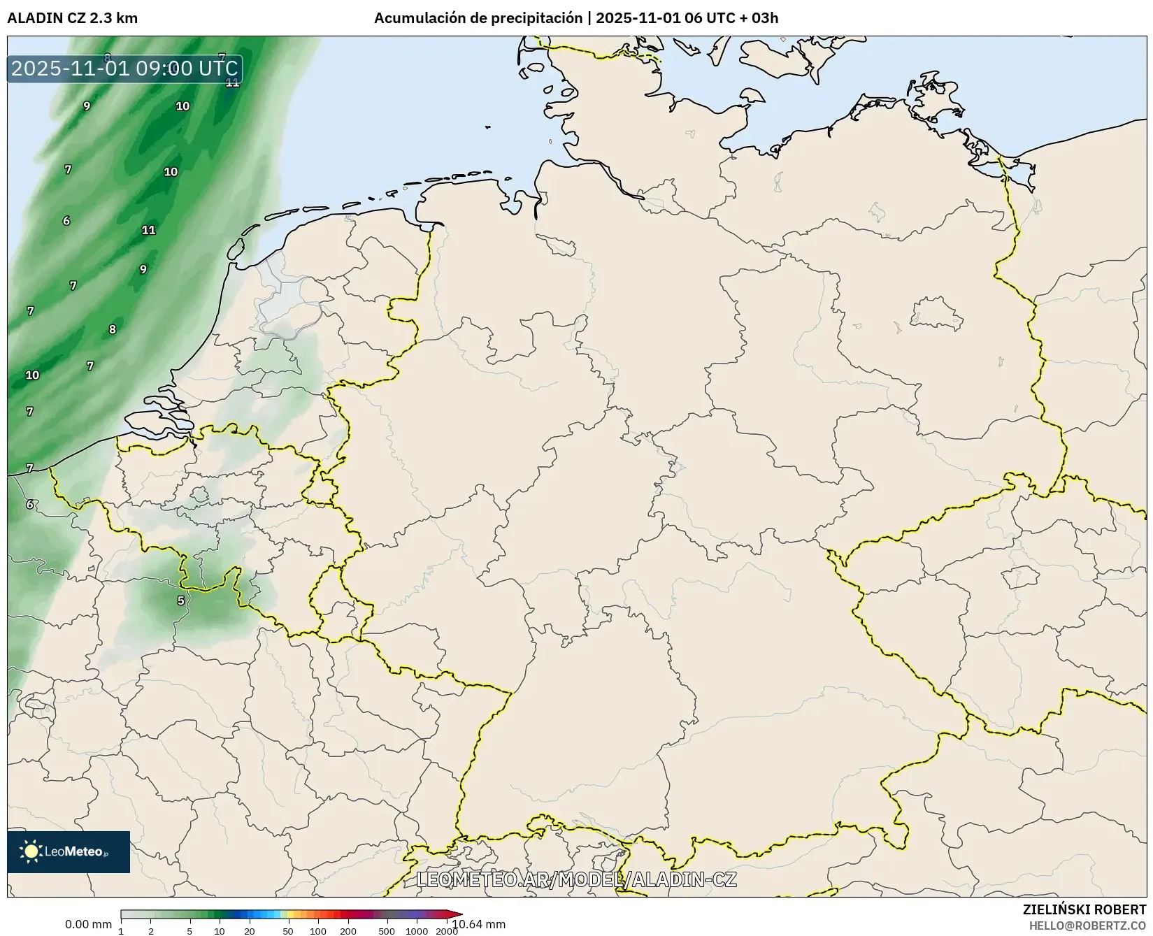 ALADIN CZ 2.3 km model - Alemania, Acumulación de precipitación