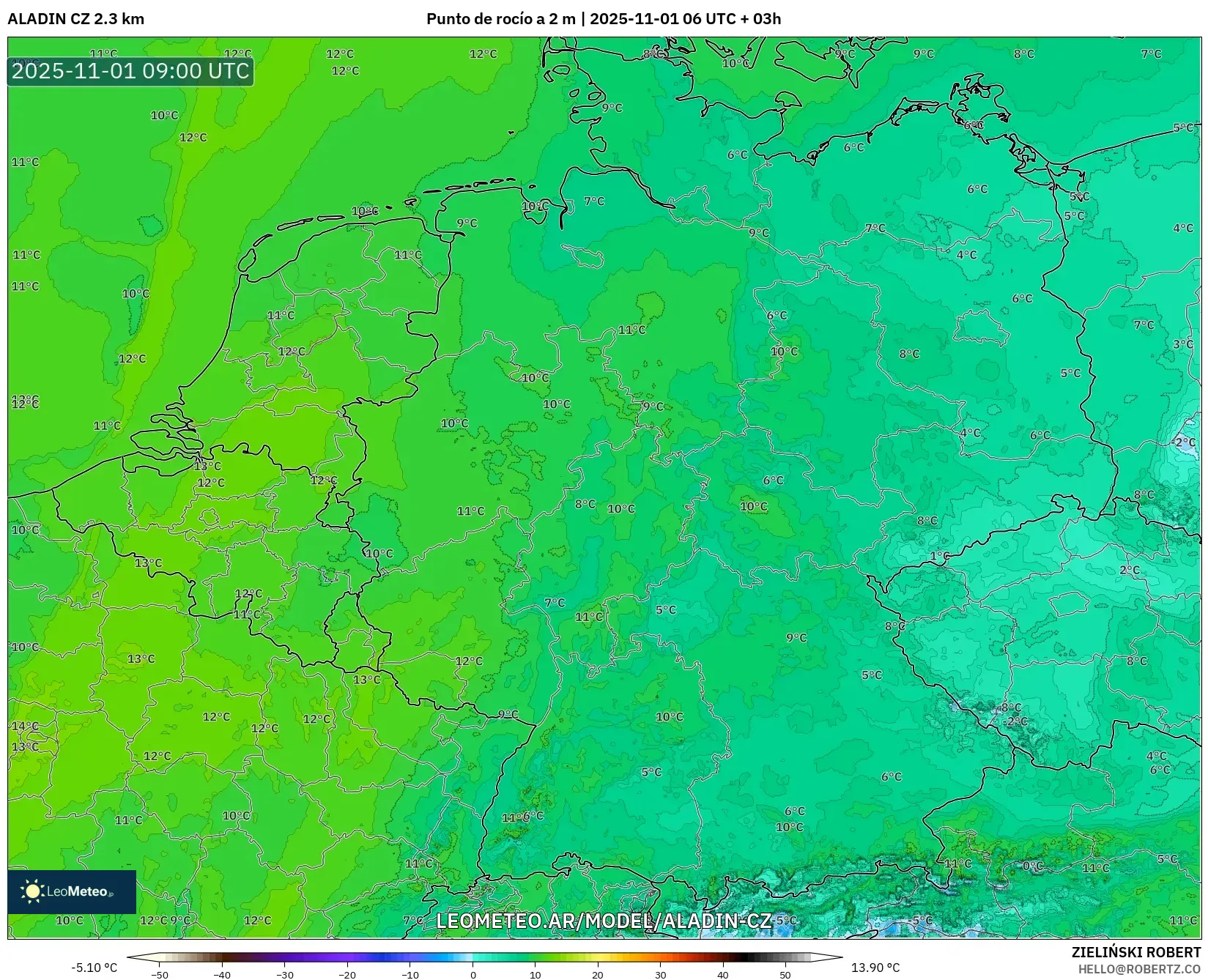ALADIN CZ 2.3 km model - Alemania, Punto de rocío a 2 m ALADIN CZ 2.3 km model - Alemania, Punto de rocío a 2 m