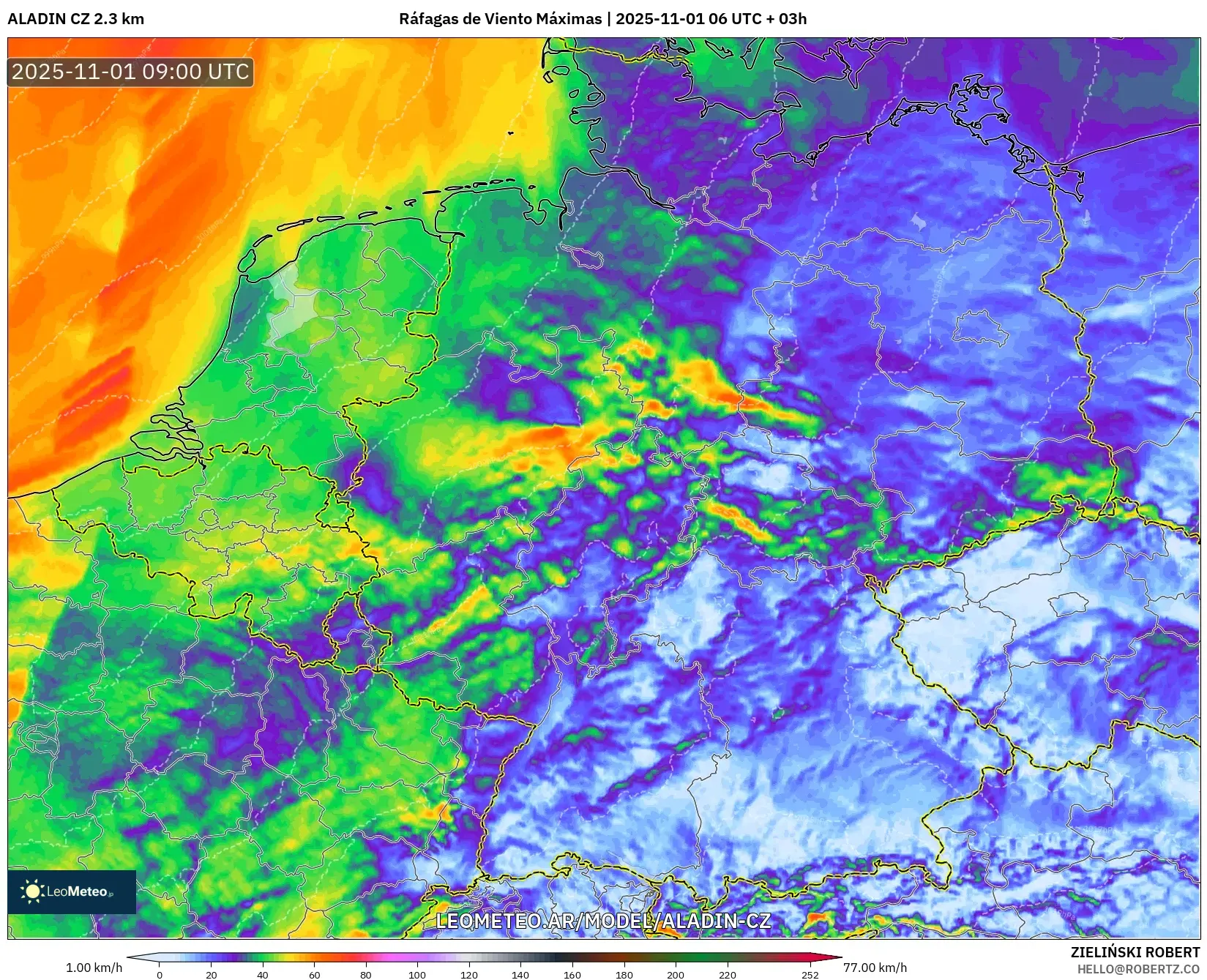 ALADIN CZ 2.3 km model - Alemania, Ráfagas de Viento Máximas ALADIN CZ 2.3 km model - Alemania, Ráfagas de Viento Máximas